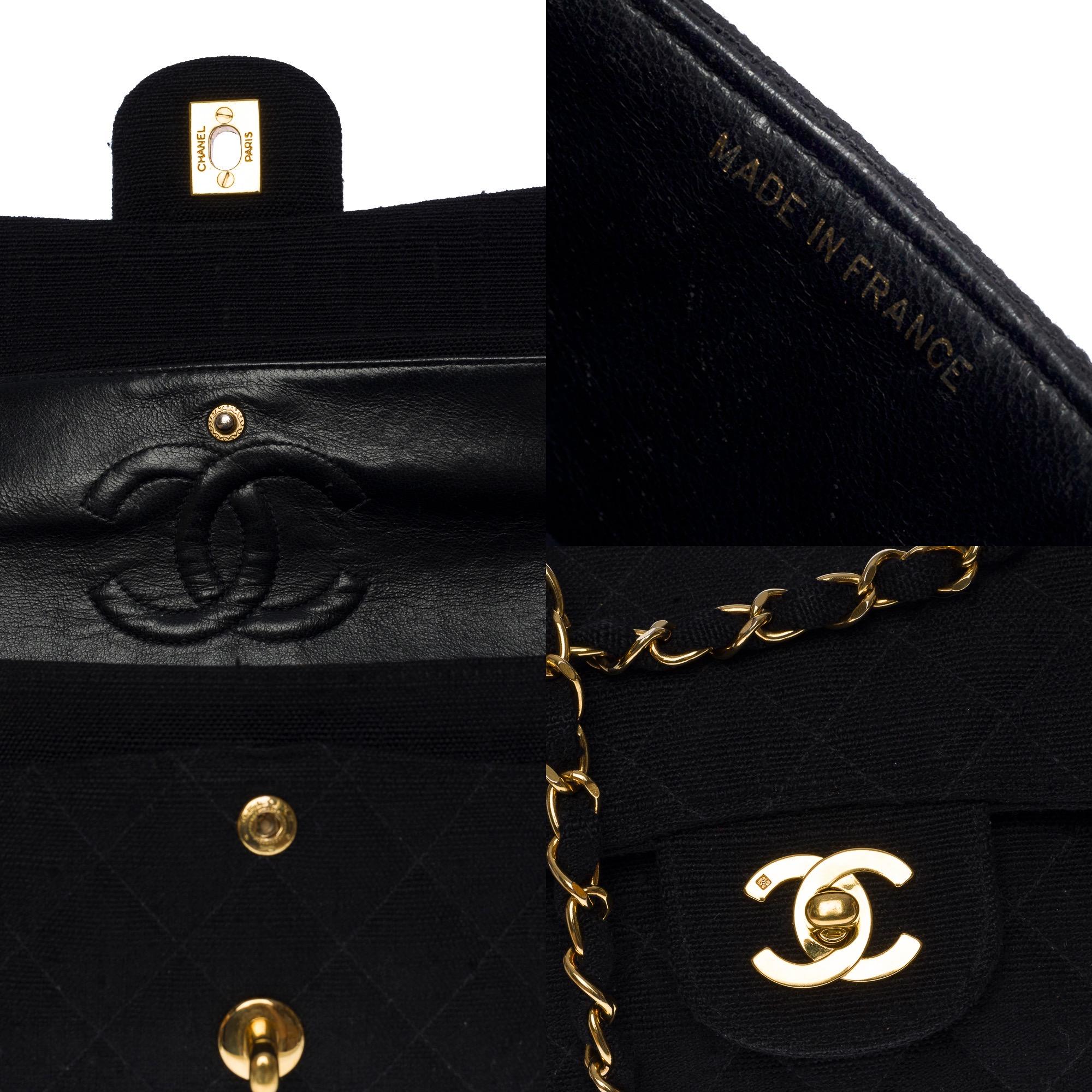 Chanel Timeless 23cm Umhängetasche mit doppelter Klappe aus schwarzem Leinen,GHW 1