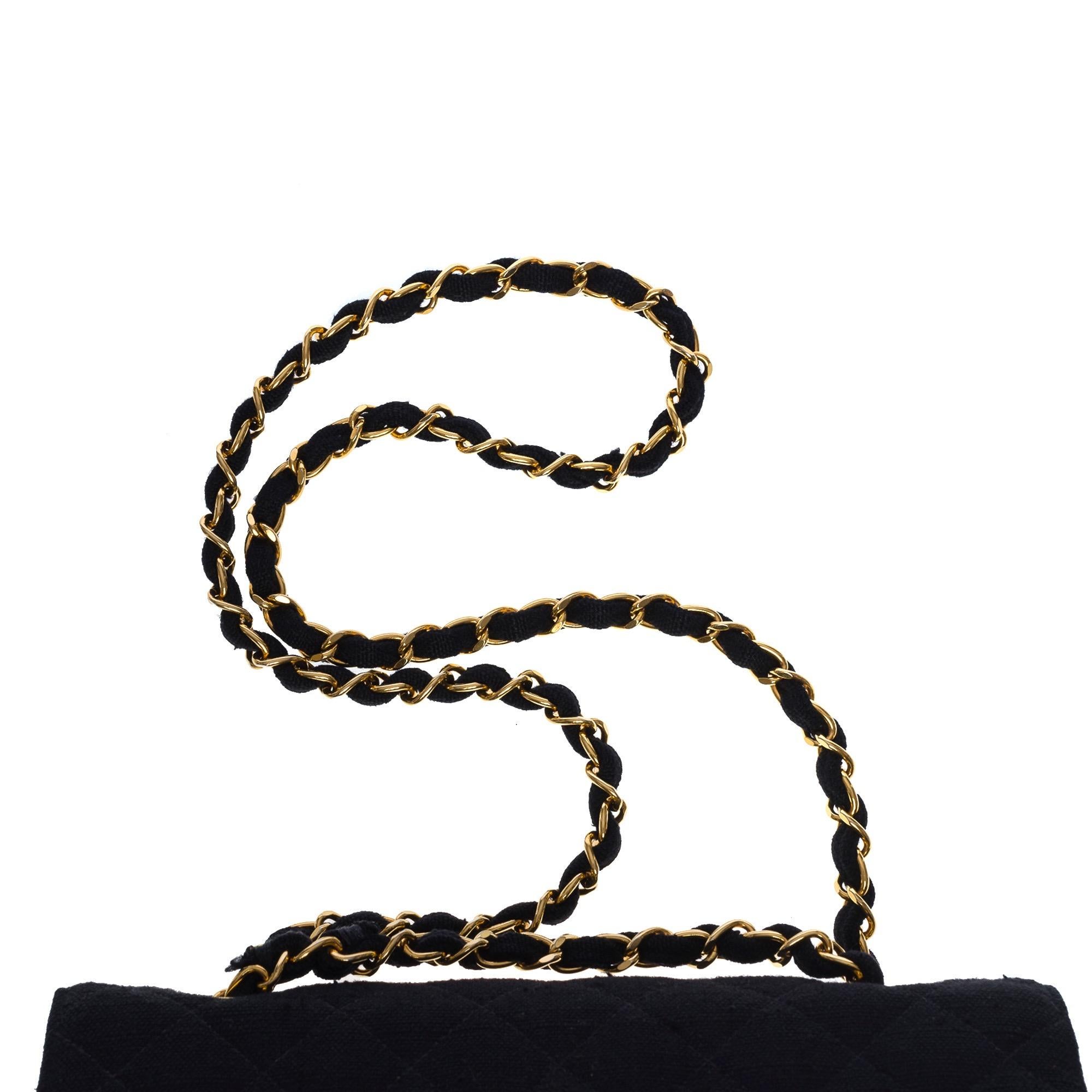 Chanel Timeless 23cm Umhängetasche mit doppelter Klappe aus schwarzem Leinen,GHW 4