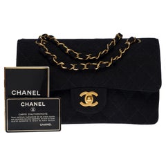 Chanel Timeless 23cm Umhängetasche mit doppelter Klappe aus schwarzem Leinen,GHW