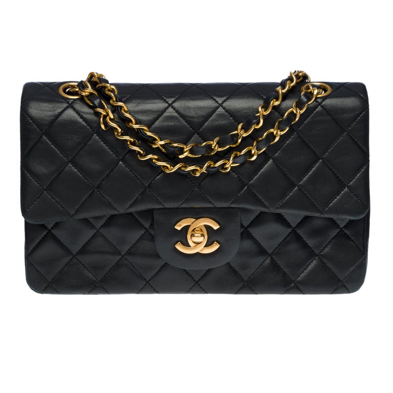 Small box bag, Patent calfskin & gold-tone metal, black — Fashion