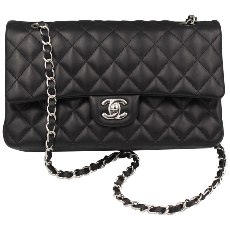 Chanel Timeless Bag in Black Lambskin Leather and Silver Hardware at
