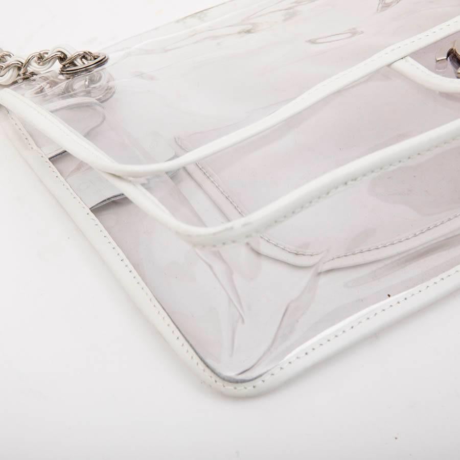 Gray Chanel Timeless Bag in Transparent Plastic and Piping in White Lamb Leather