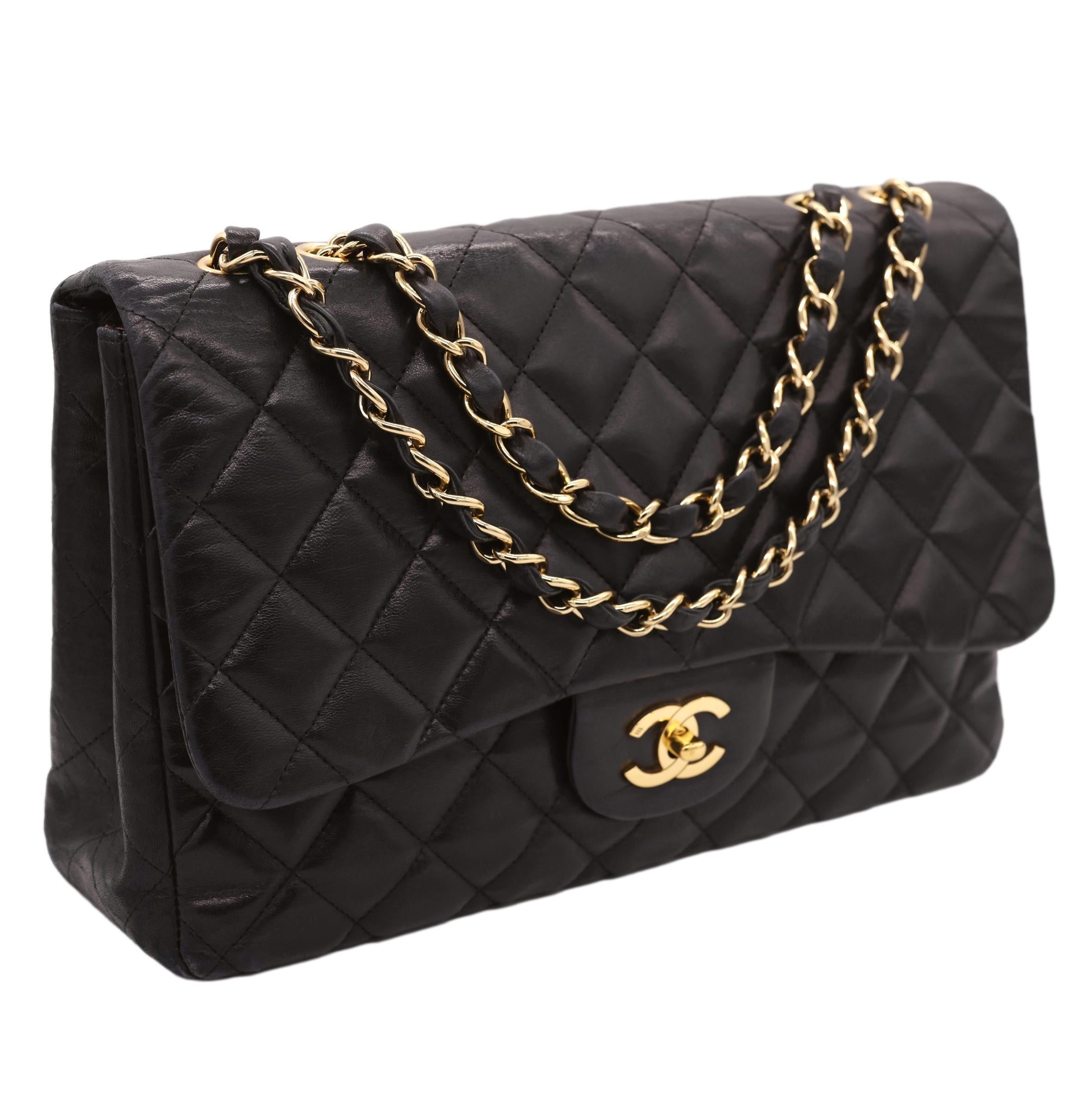 Chanel Timeless Black Jumbo Single Flap Quilted Lambskin Shoulder Bag, 2006 - 2008. The iconic Chanel bag was originally issued by Coco Chanel in February 1955 which became the very first socially acceptable shoulder bag for the modern day woman of