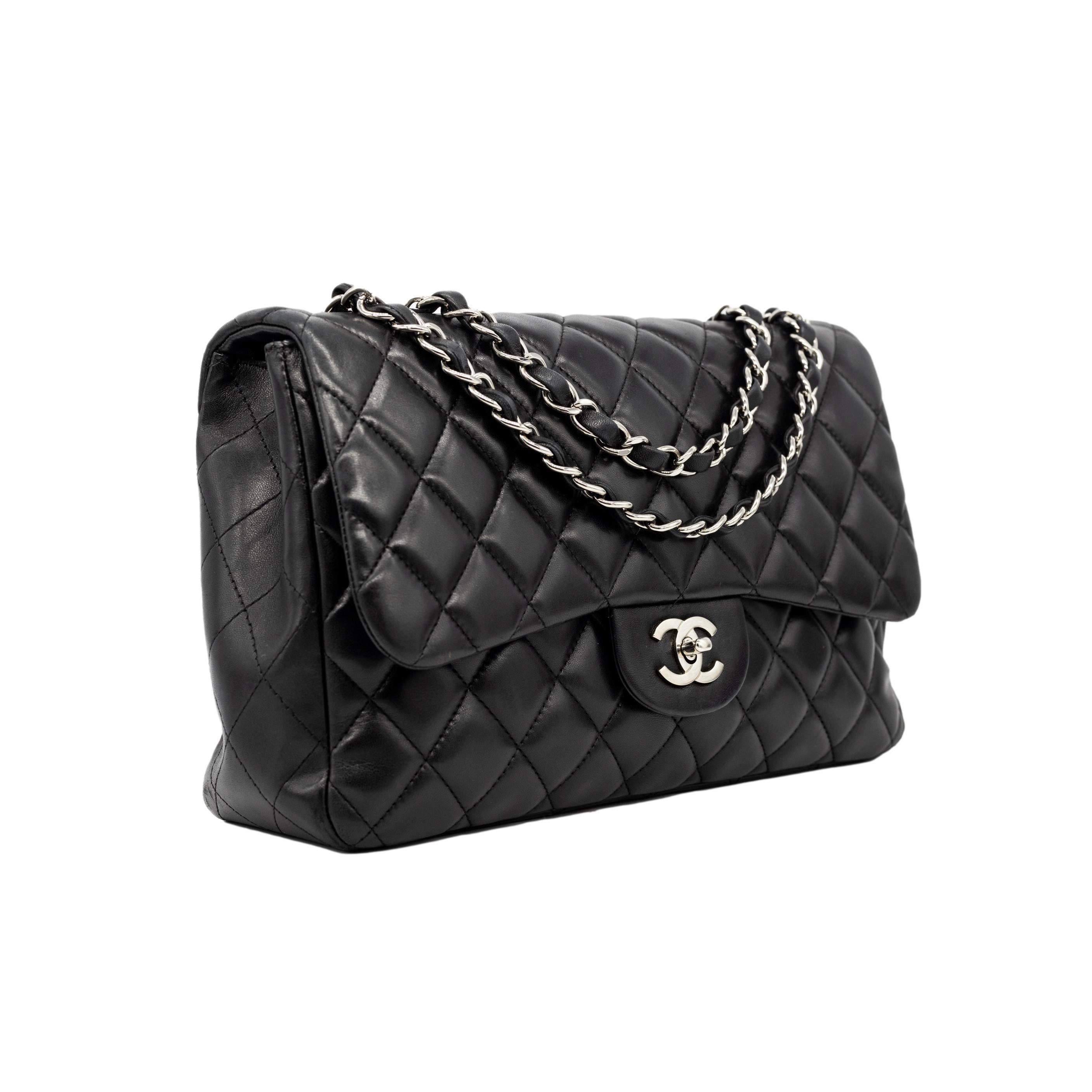 Chanel Timeless Black Jumbo Single Flap Quilted Lambskin Shoulder Bag, 2008 - 2009. The iconic Chanel bag was originally issued by Coco Chanel in February 1955 which became the very first socially acceptable shoulder bag for the modern day woman of