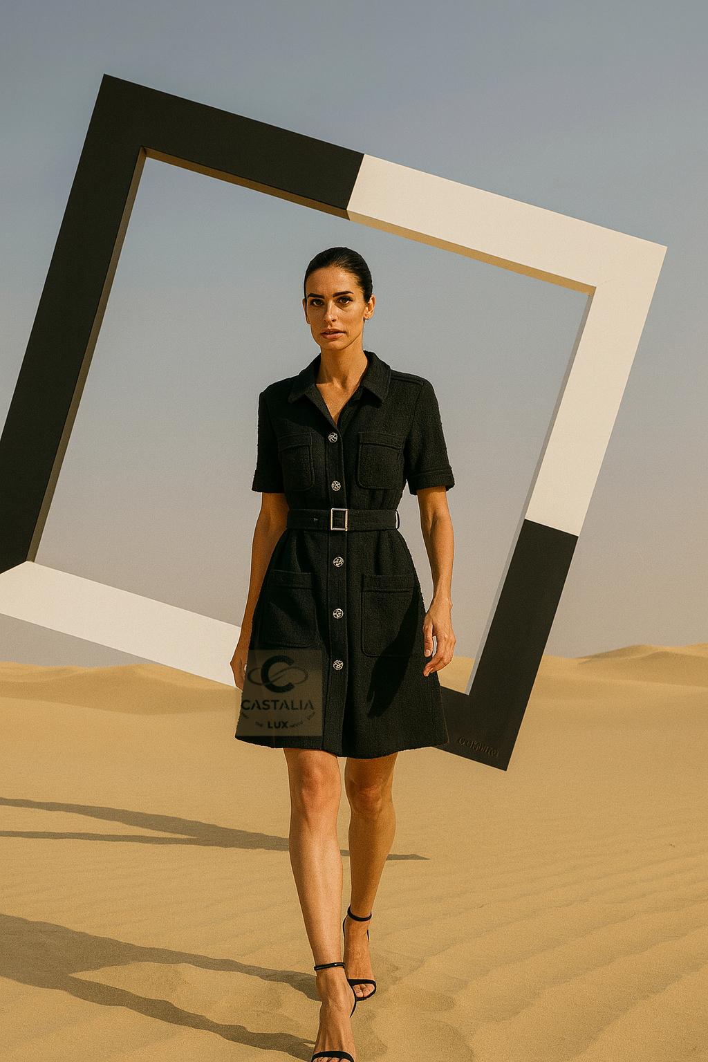 CHANEL Vestido intemporal de tweed negro con cinturón con logotipo 36 FR en venta 8