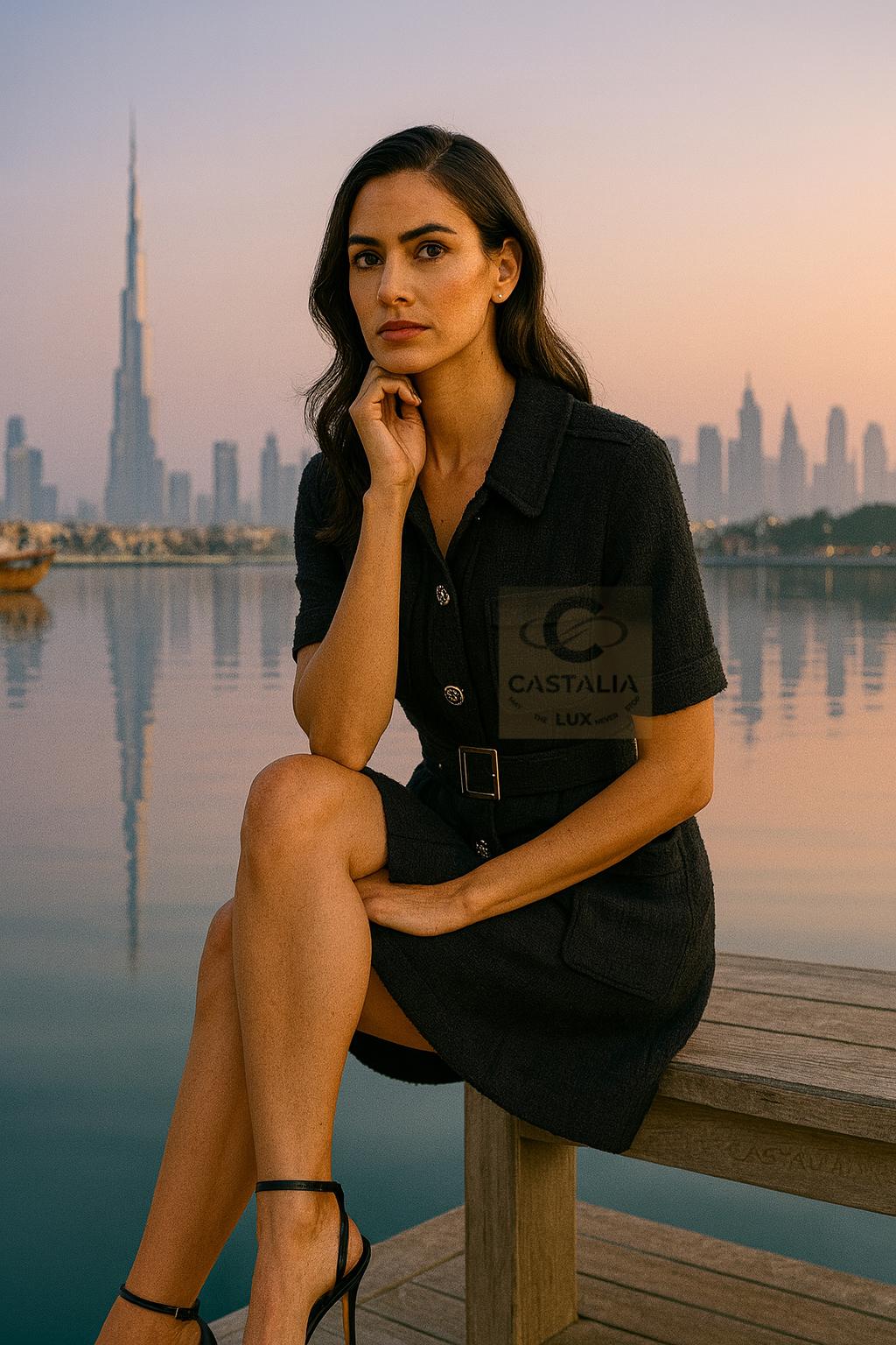 CHANEL Vestido intemporal de tweed negro con cinturón con logotipo 36 FR en venta 15