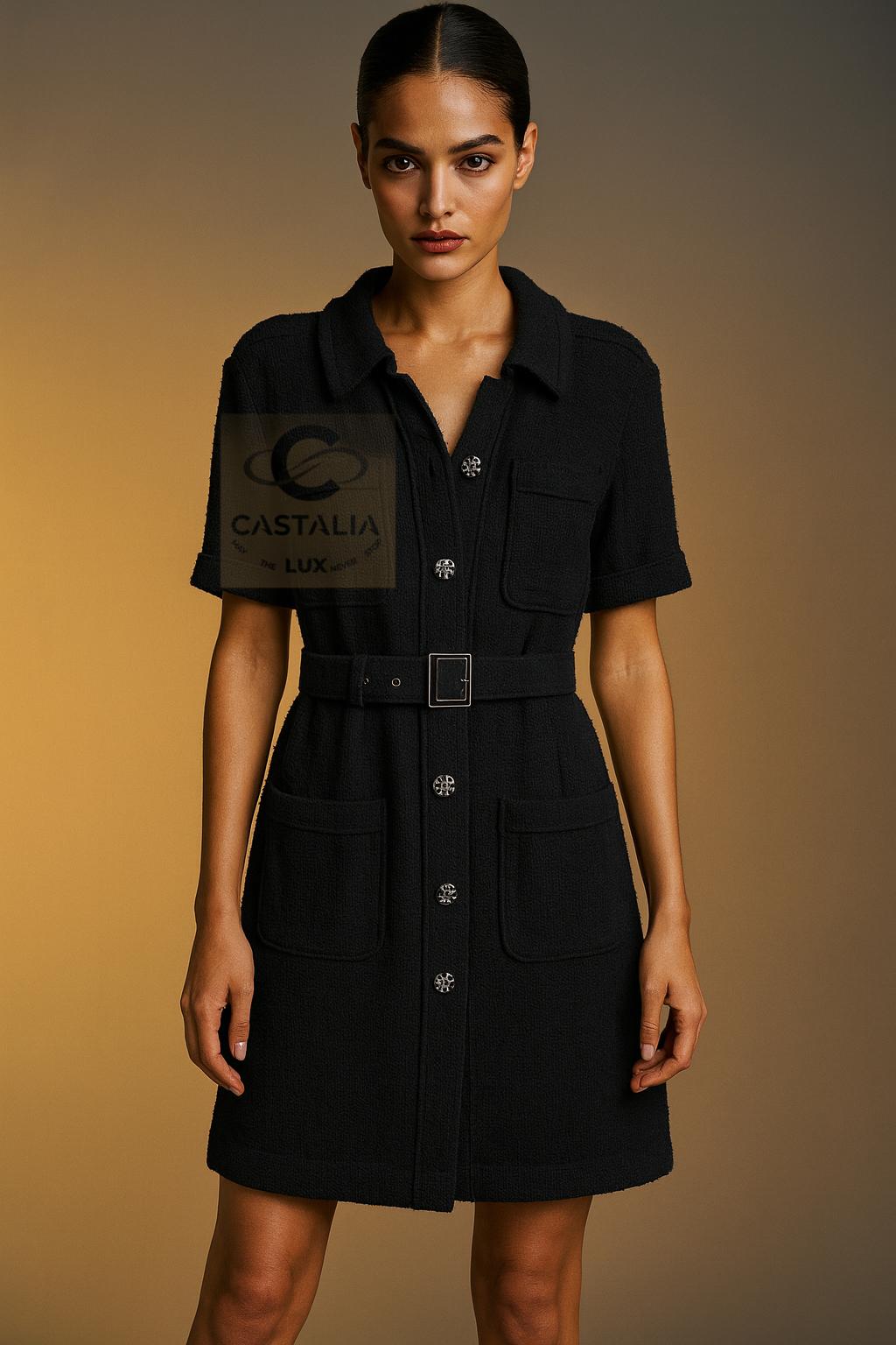 CHANEL Vestido de tweed negro con cinturón con logotipo 
~ París / SINGAPUR Colección Crucero del Maestro Karl Lagerfeld

~ Silueta atemporal extraída de los códigos de la casa Chanel, este vestido encarna la discreta grandeza de la odisea Crucero
