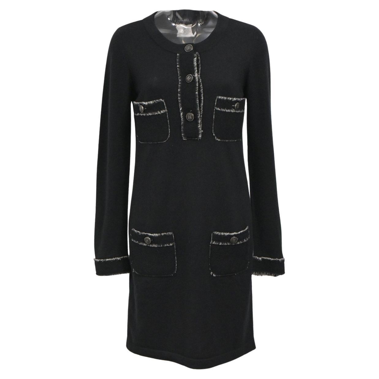 Chanel Timeless CC Buttons Black Cashmere Dress 40 FR