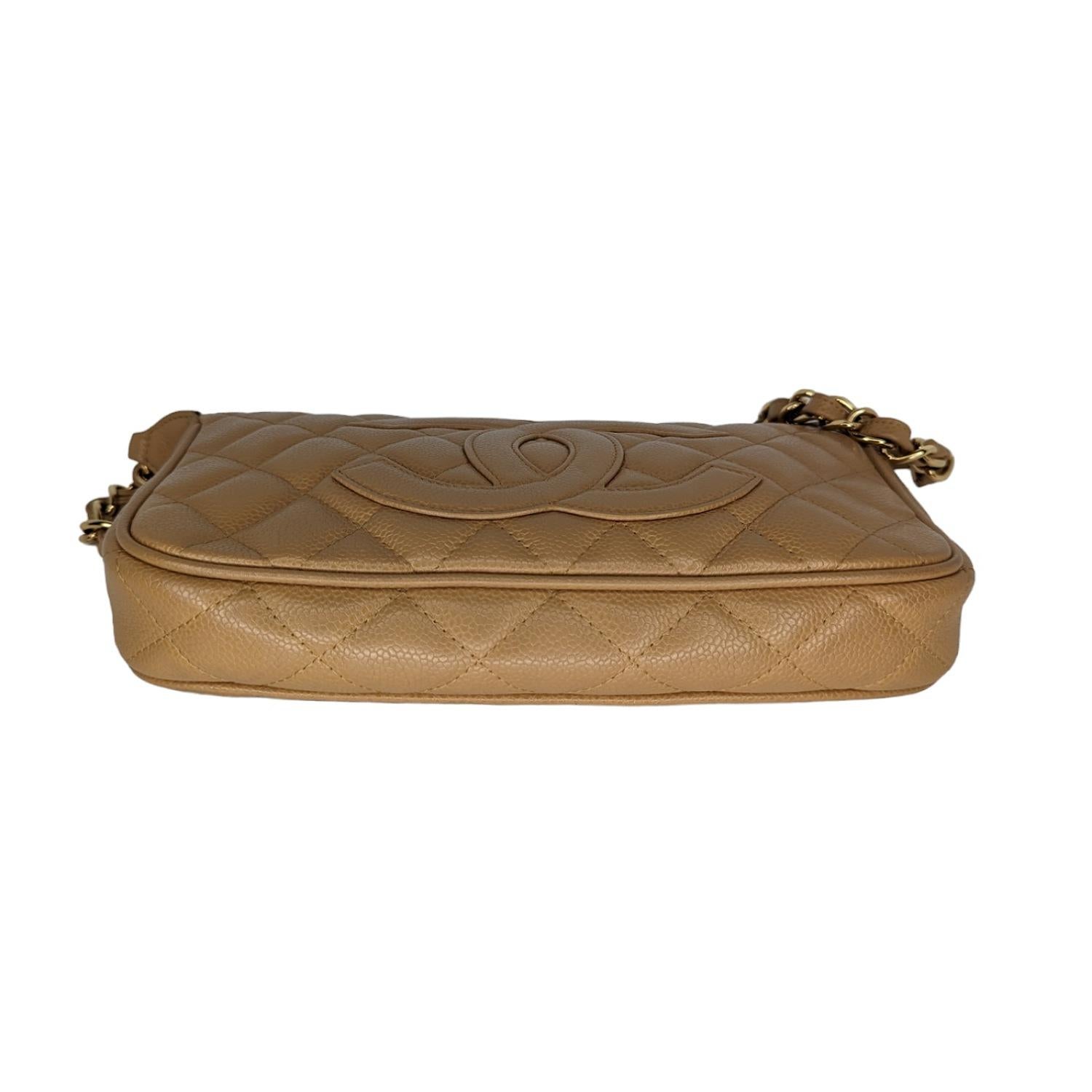 Chanel Timeless CC Chain Pochette Beige Quilted Caviar In Excellent Condition In Scottsdale, AZ