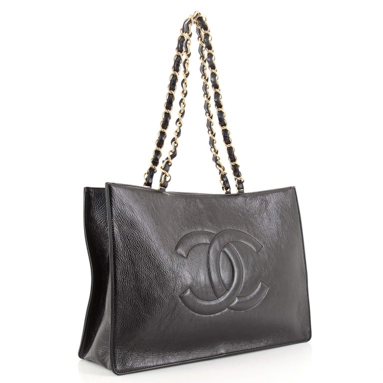 CHANEL Shiny Aged Calfskin CC Chain Mini Drawstring Bag Black