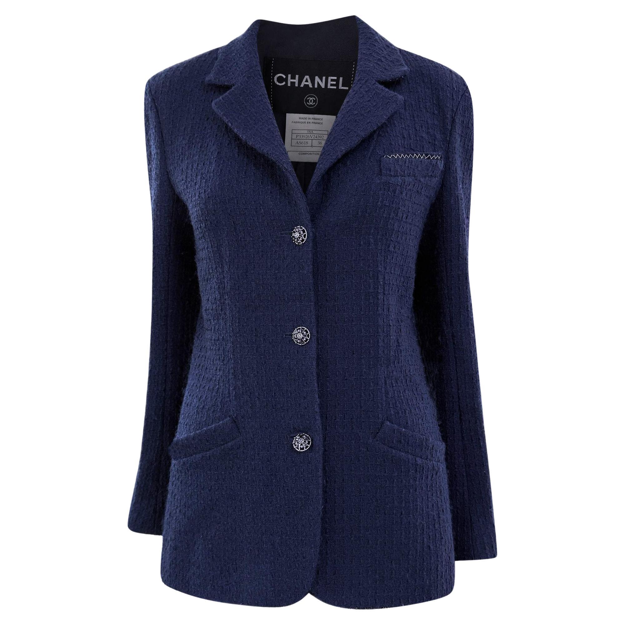 Chanel Timeless CC Gripoix Buttons Navy Tweed Jacket 38 FR For Sale