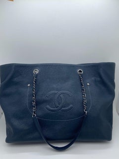 CHANEL Timeless CC Soft Tote Bag Navy Blue Leather Chain Strap