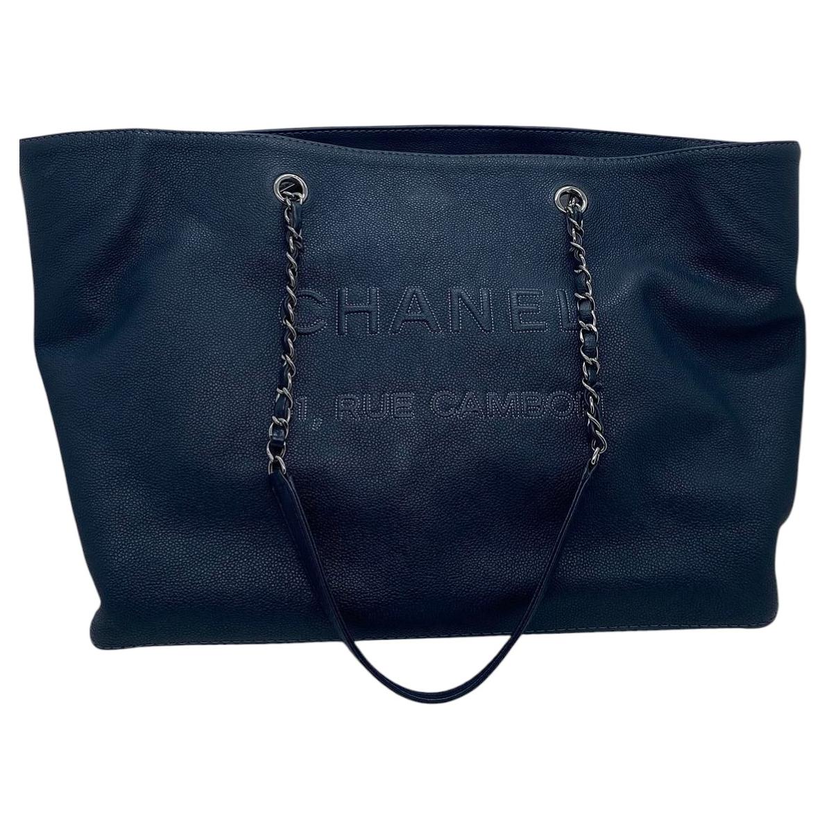 CHANEL Timeless CC Soft Tote Bag Navy Blue Leather Chain Strap For Sale