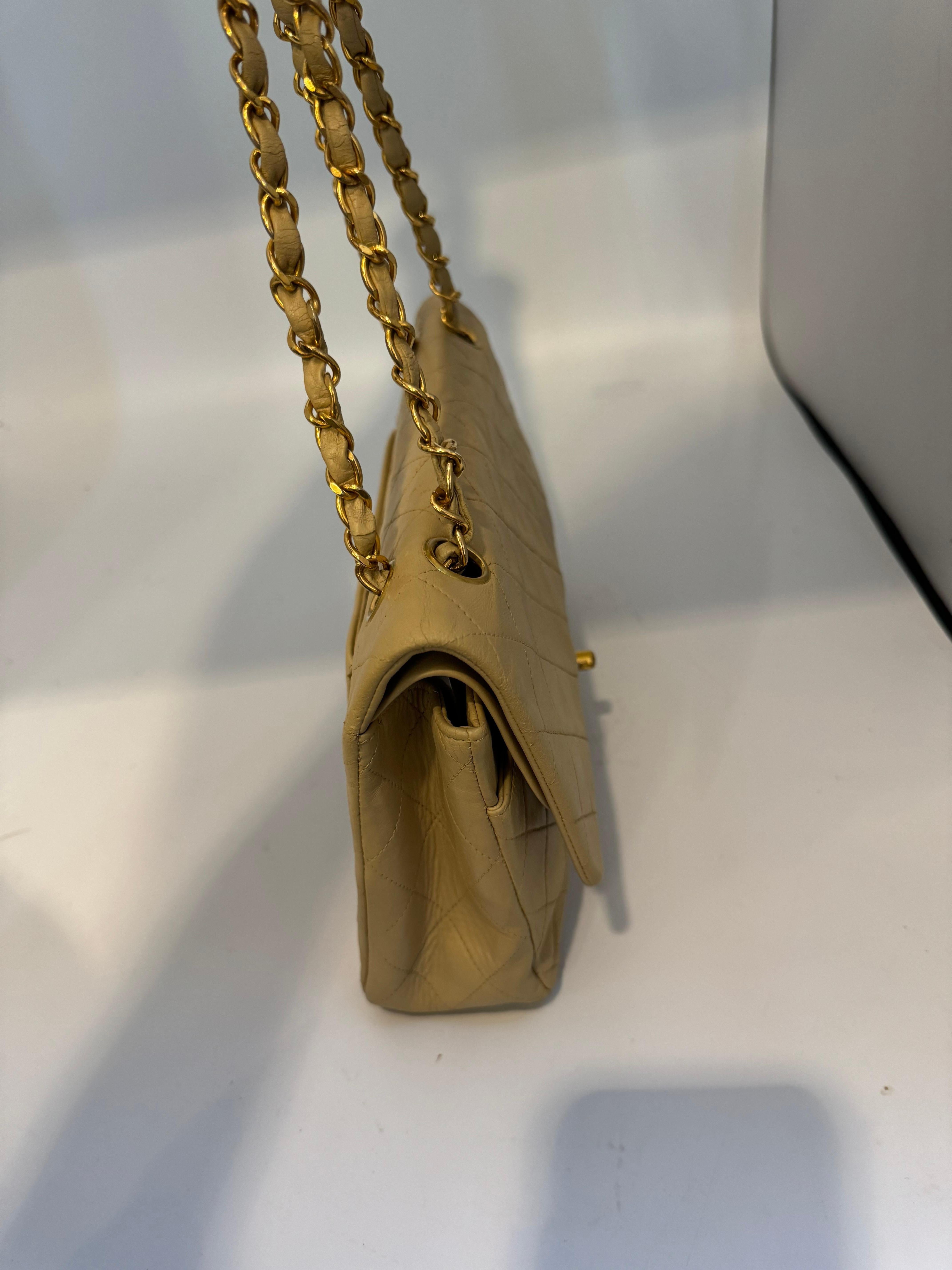 Chanel Timeless/Classic double Flap shoulder bag in beige , CC Logo, Vintage For Sale 5