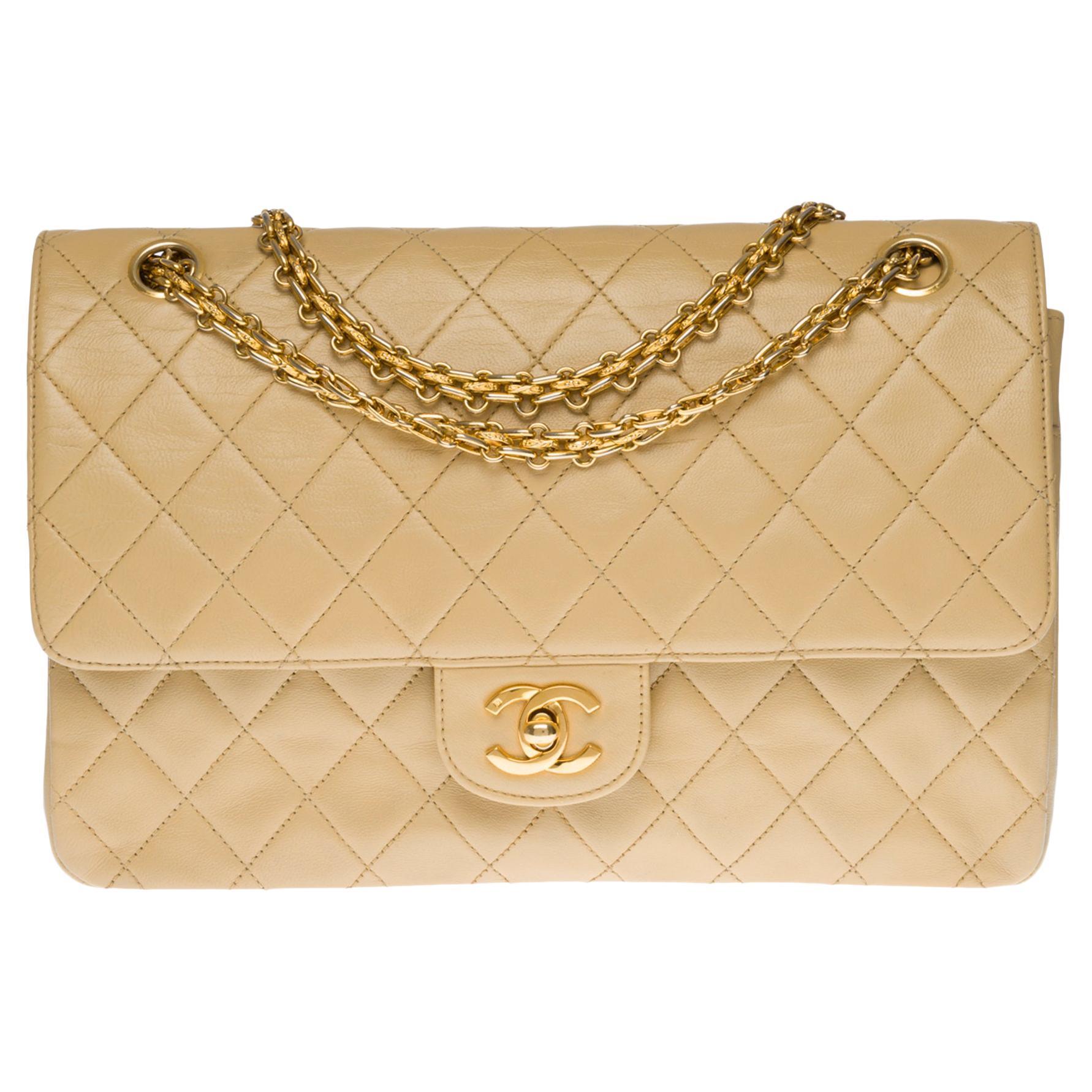 Chanel Timeless/Classic double Flap shoulder bag in beige quilted lambskin,  GHW at 1stDibs