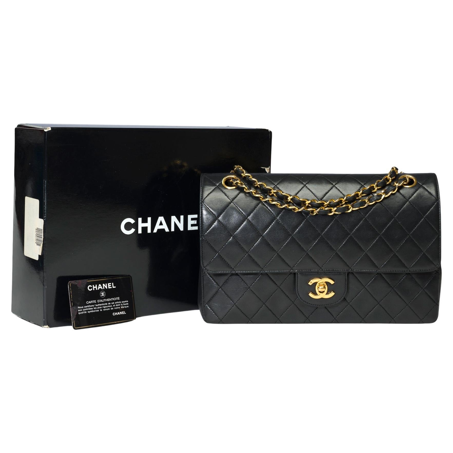 Chanel Timeless/Classic double flap shoulder bag in black quilted lambskin , GHW