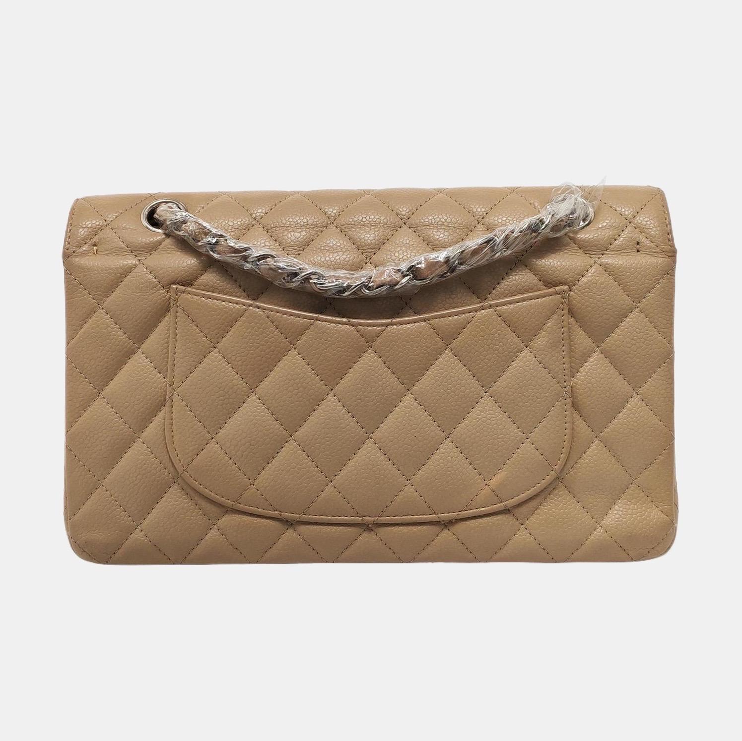 Chanel Timeless Classic Flap Beige Caviar Leather Silver Hardware, 2005-2006 For Sale 2