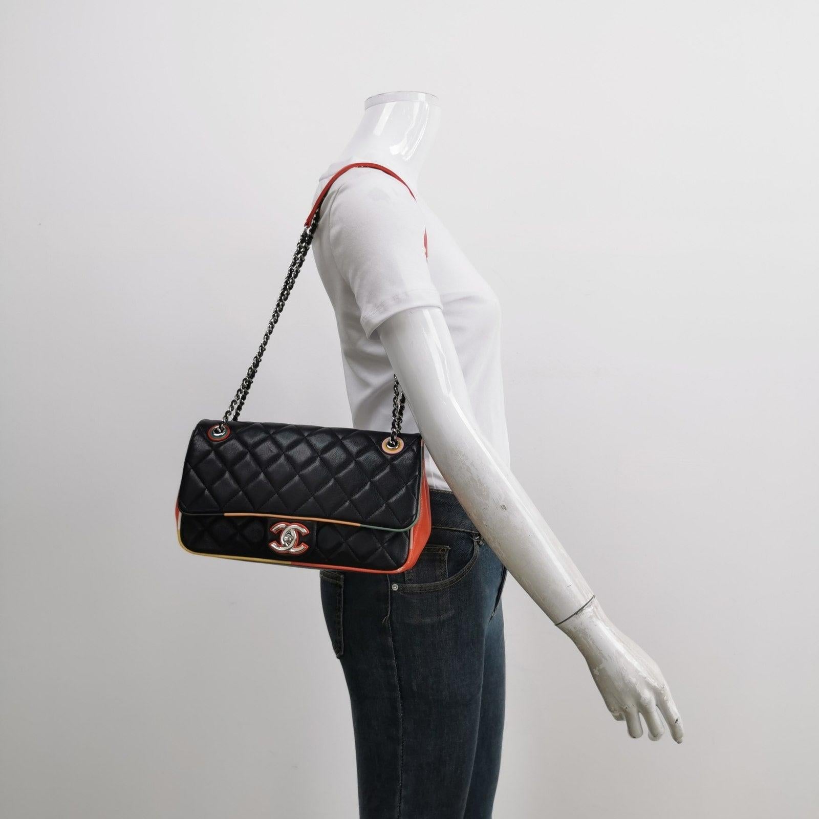 Chanel Timeless Classic Flap Lambskin Plexiglass Quilted Medium Cuba Color Flap Black with Multicolor Trim
  These are professional photos of the actual bag.
  This one-of-a-kind Chanel Classic Flap bag exudes sophistication and timeless elegance.