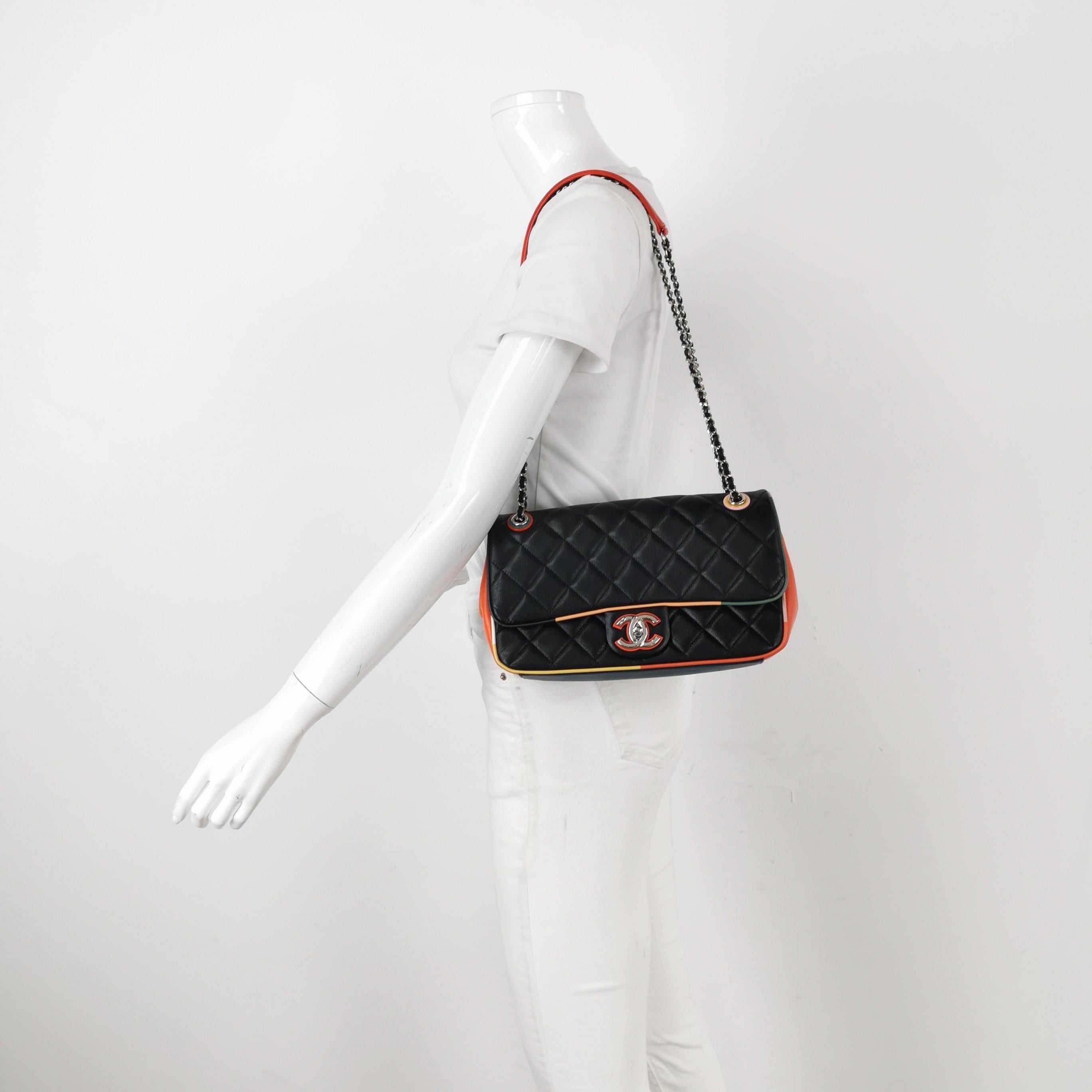 Chanel Timeless Classic Flap Lambskin Plexiglass Quilted Medium Cuba Color Flap Black with Multicolor Trim
  These are professional photos of the actual bag.
  This one-of-a-kind Chanel Classic Flap bag exudes sophistication and timeless elegance.