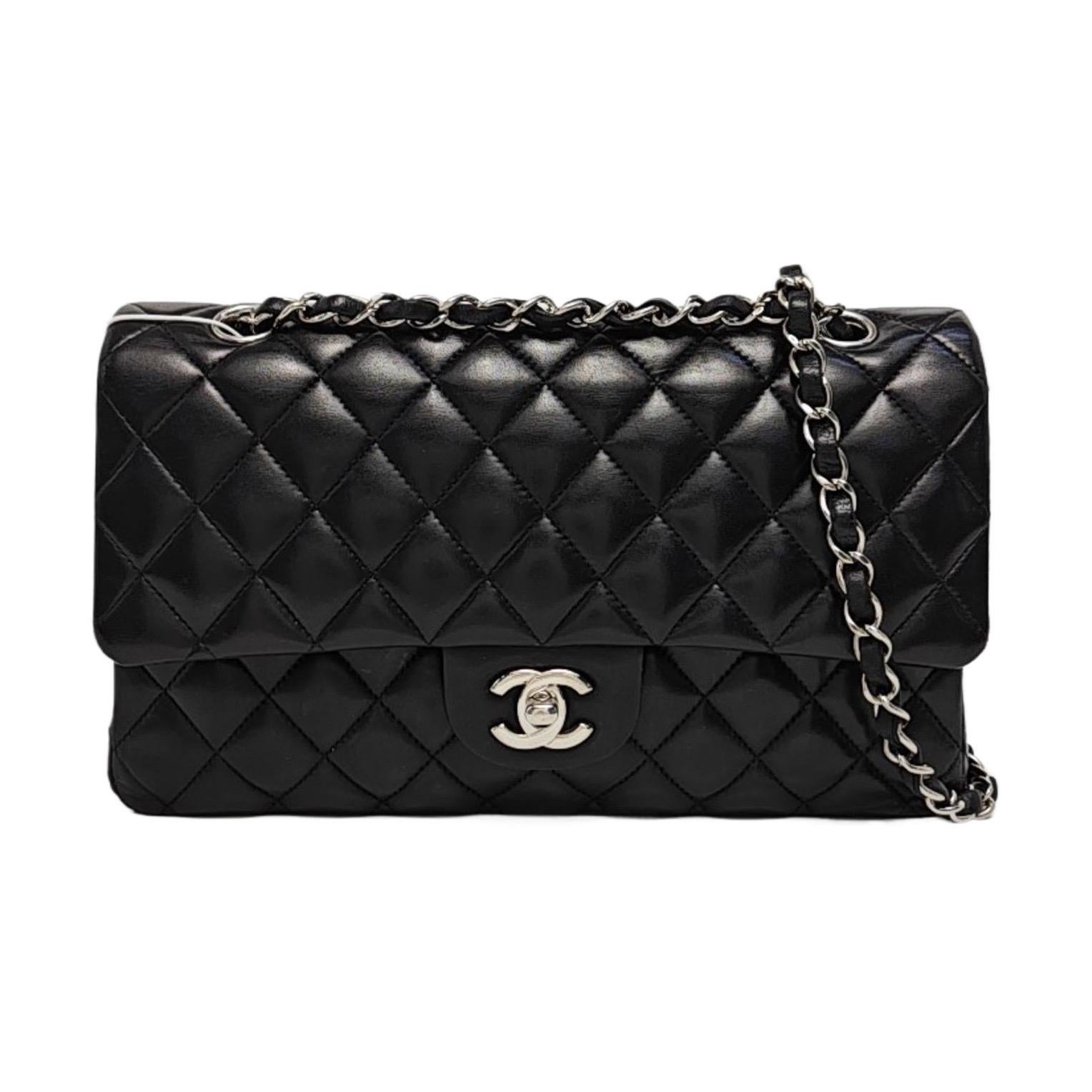 Chanel Timeless Classic Flap Medium 2014 Black Lambskin Leather Silver Hardware For Sale
