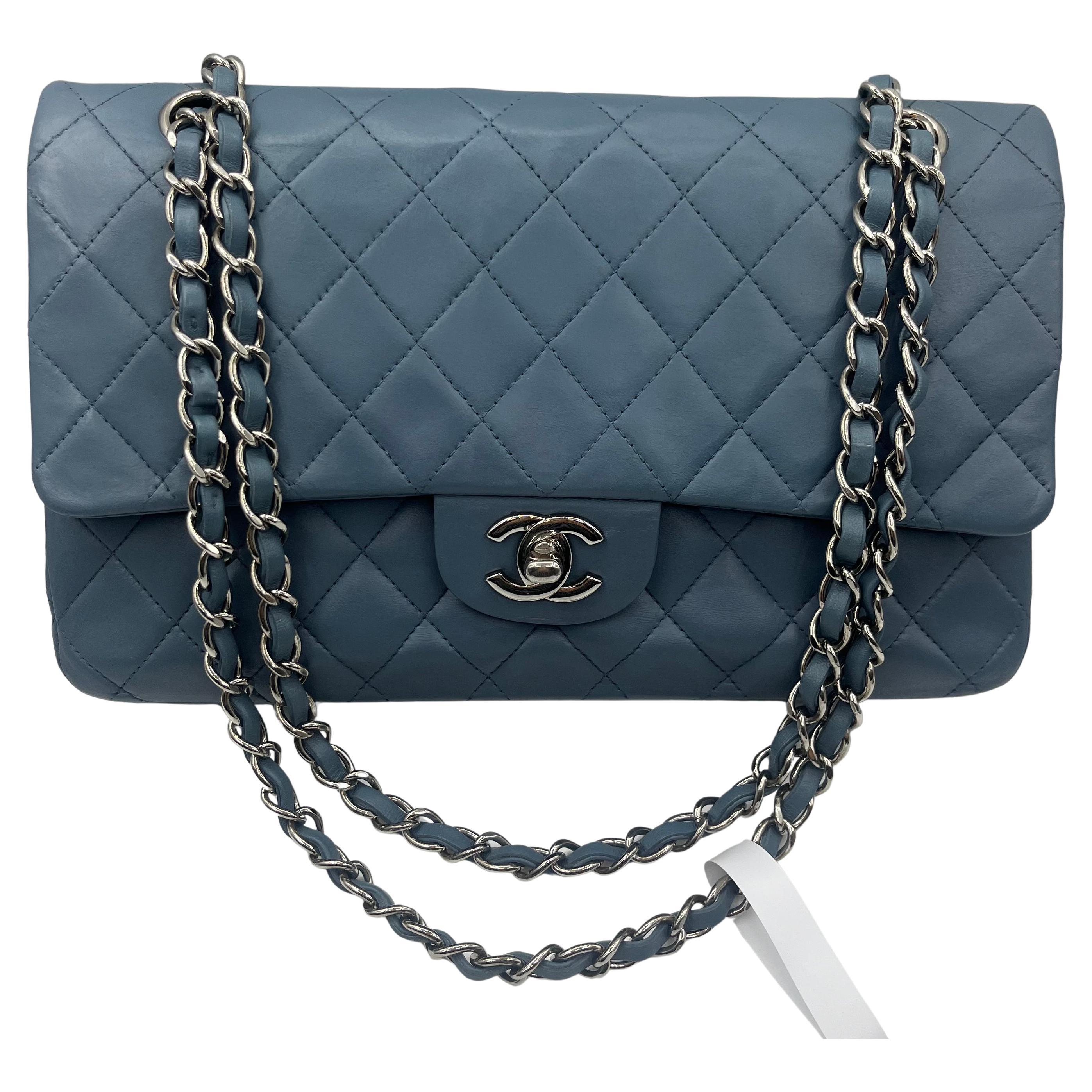 Chanel Timeless Classic Flap Medium Ash Blue Lambskin Leather Silver Hardware