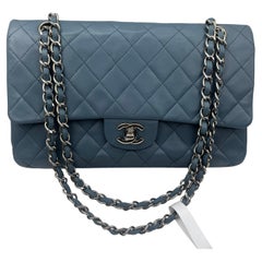 Chanel Timeless Classic Flap Medium Ash Blue Lambskin Leather Silver Hardware