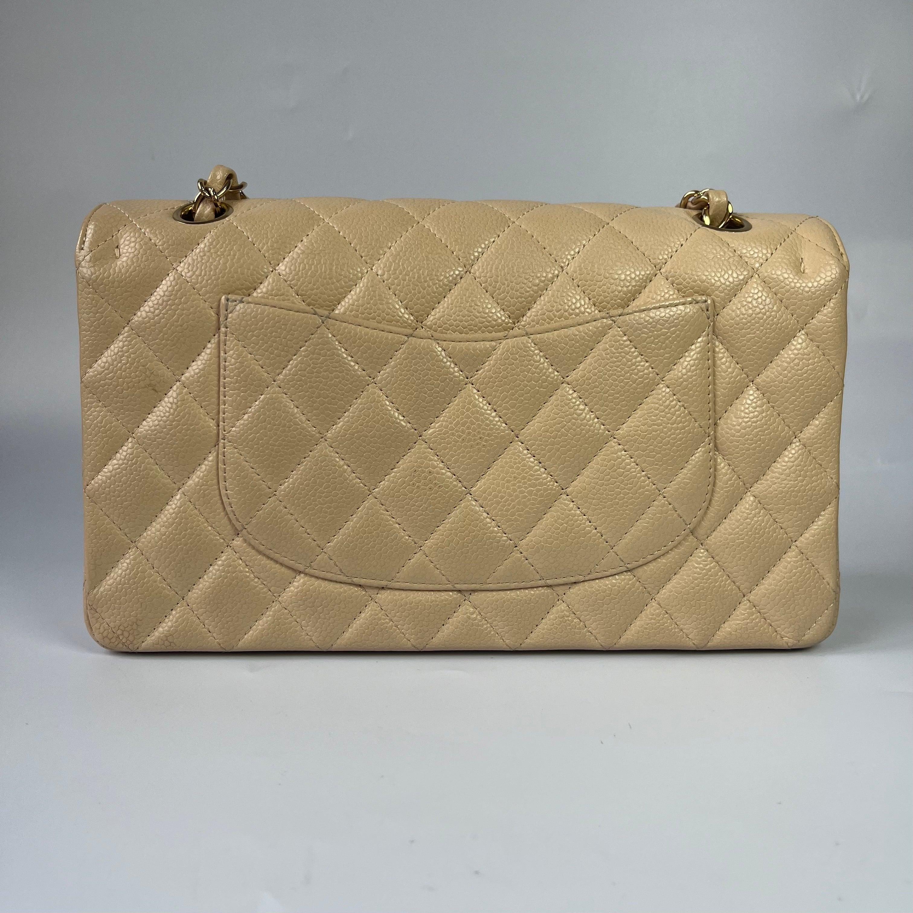 Brown Chanel Timeless Classic Flap Medium Beige Caviar Leather Gold Hardware 2009-2010