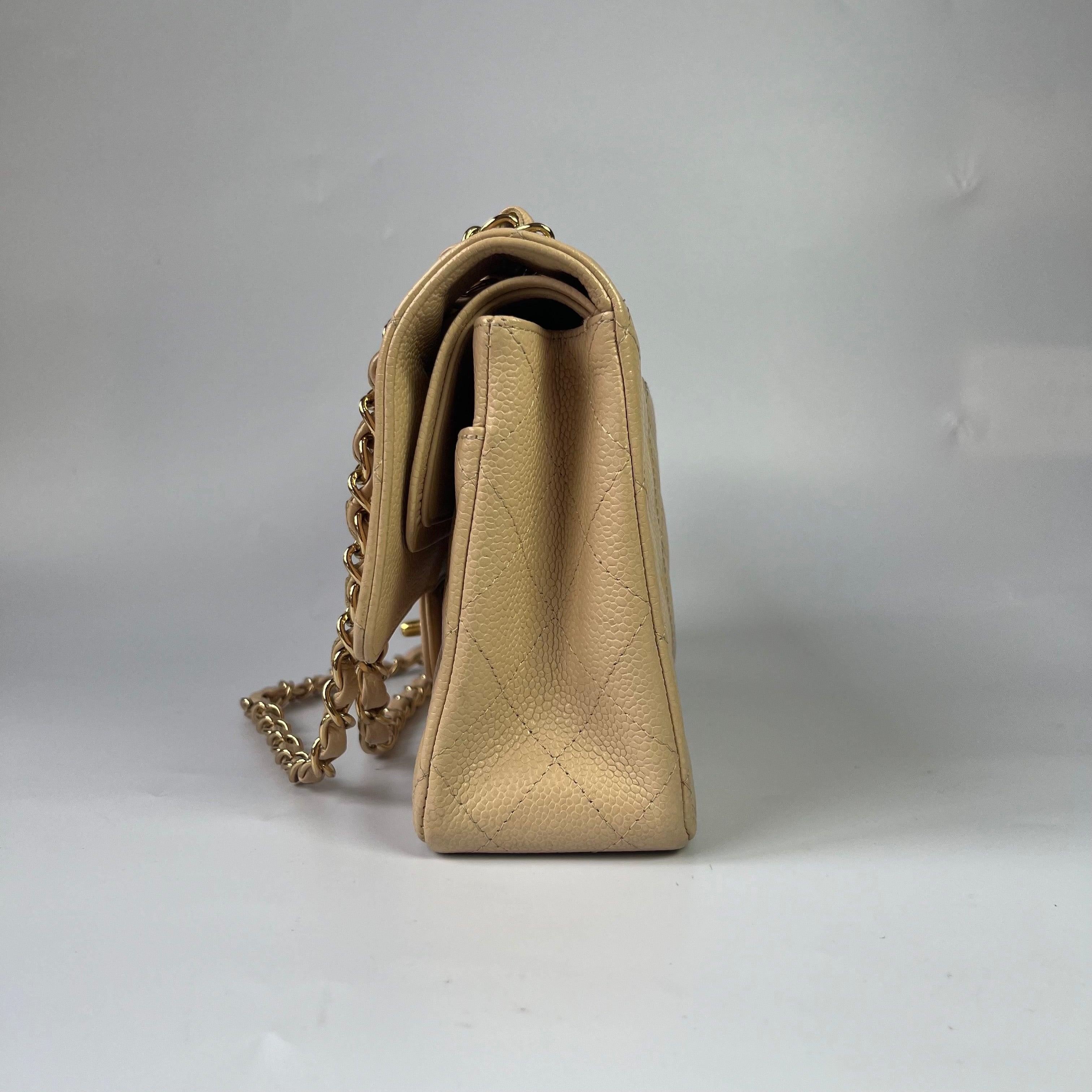 Women's Chanel Timeless Classic Flap Medium Beige Caviar Leather Gold Hardware 2009-2010