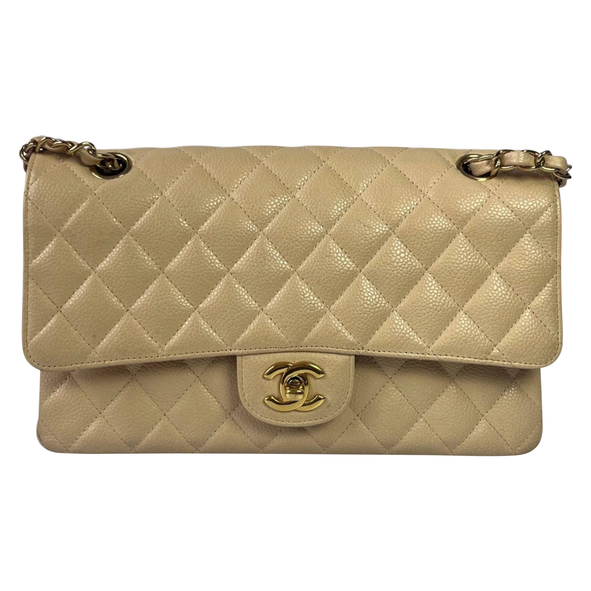 Chanel Timeless Classic Flap Medium Beige Caviar Leather Gold Hardware 2009-2010