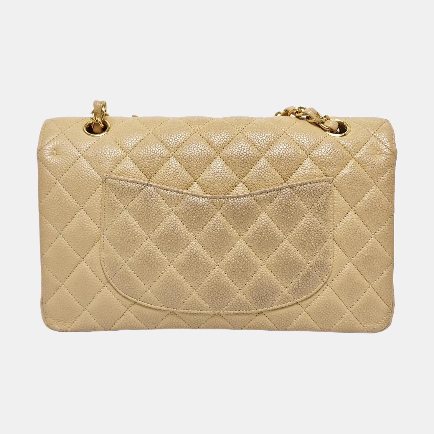 Marron Chanel Timeless Classic Flap Medium Beige Caviar Leather Gold Hardware en vente