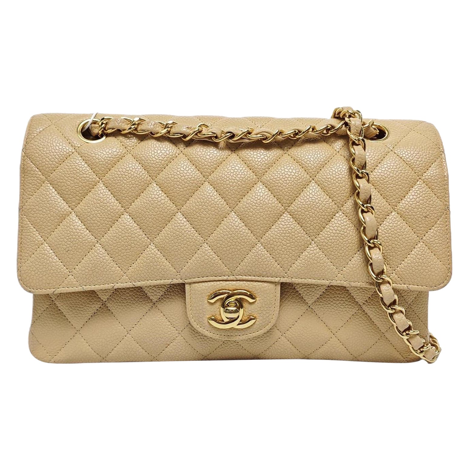 Chanel Timeless Classic Flap Medium Beige Caviar Leather Gold Hardware