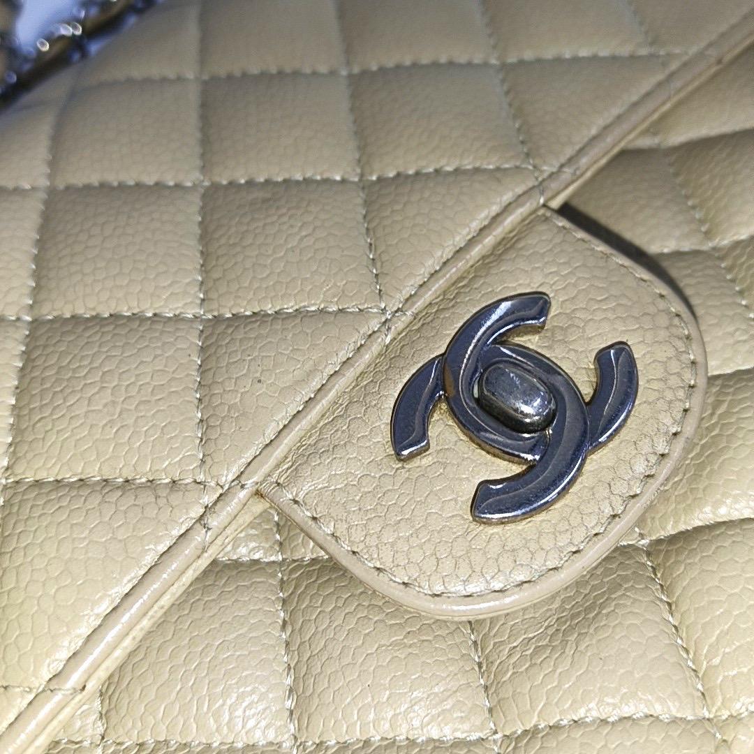 Chanel Timeless Classic Flap Medium Beige Caviar Leather Silver Hardware 2005 2