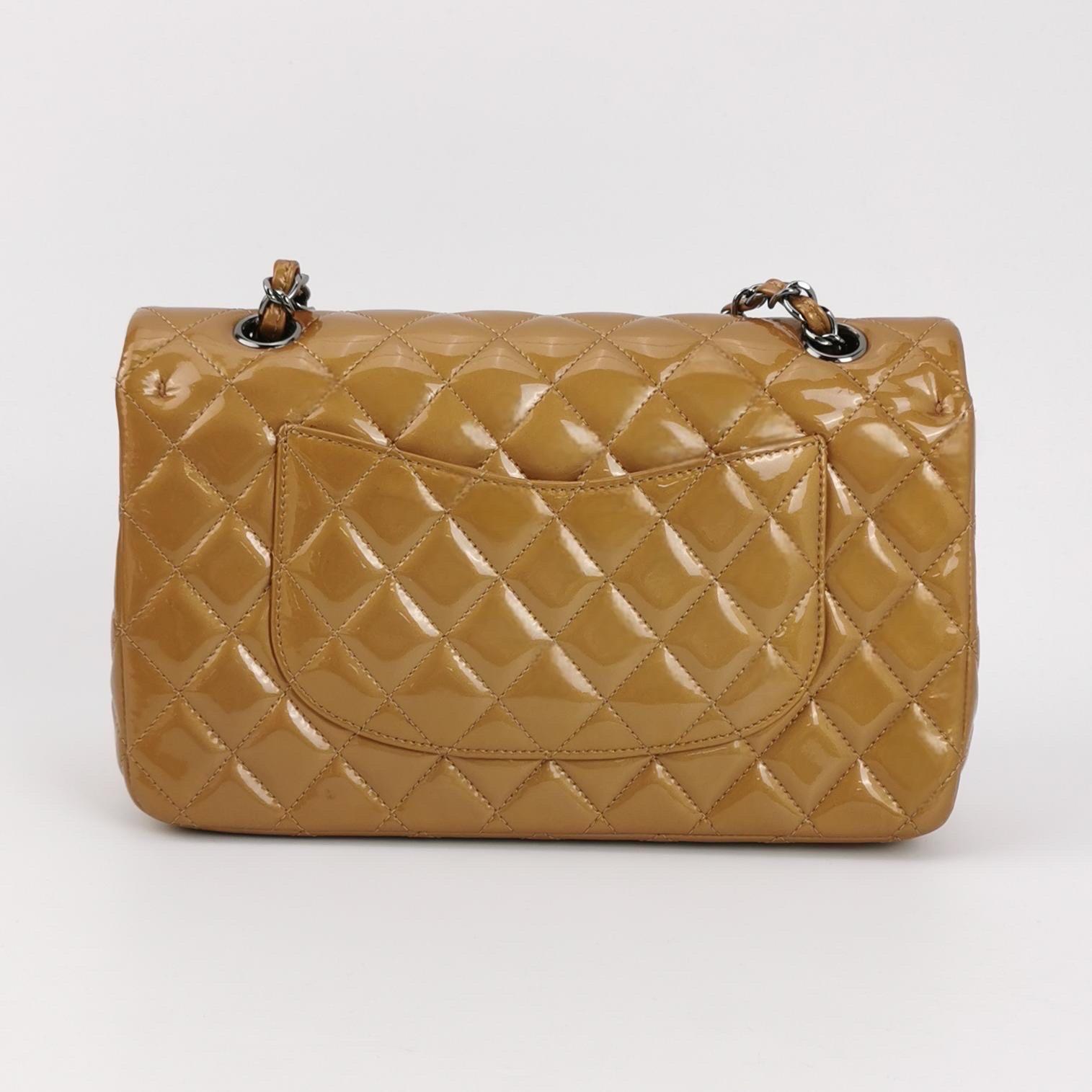 Brown Chanel Timeless Classic Flap Medium Beige Gold Patent Leather Silver Hardware For Sale