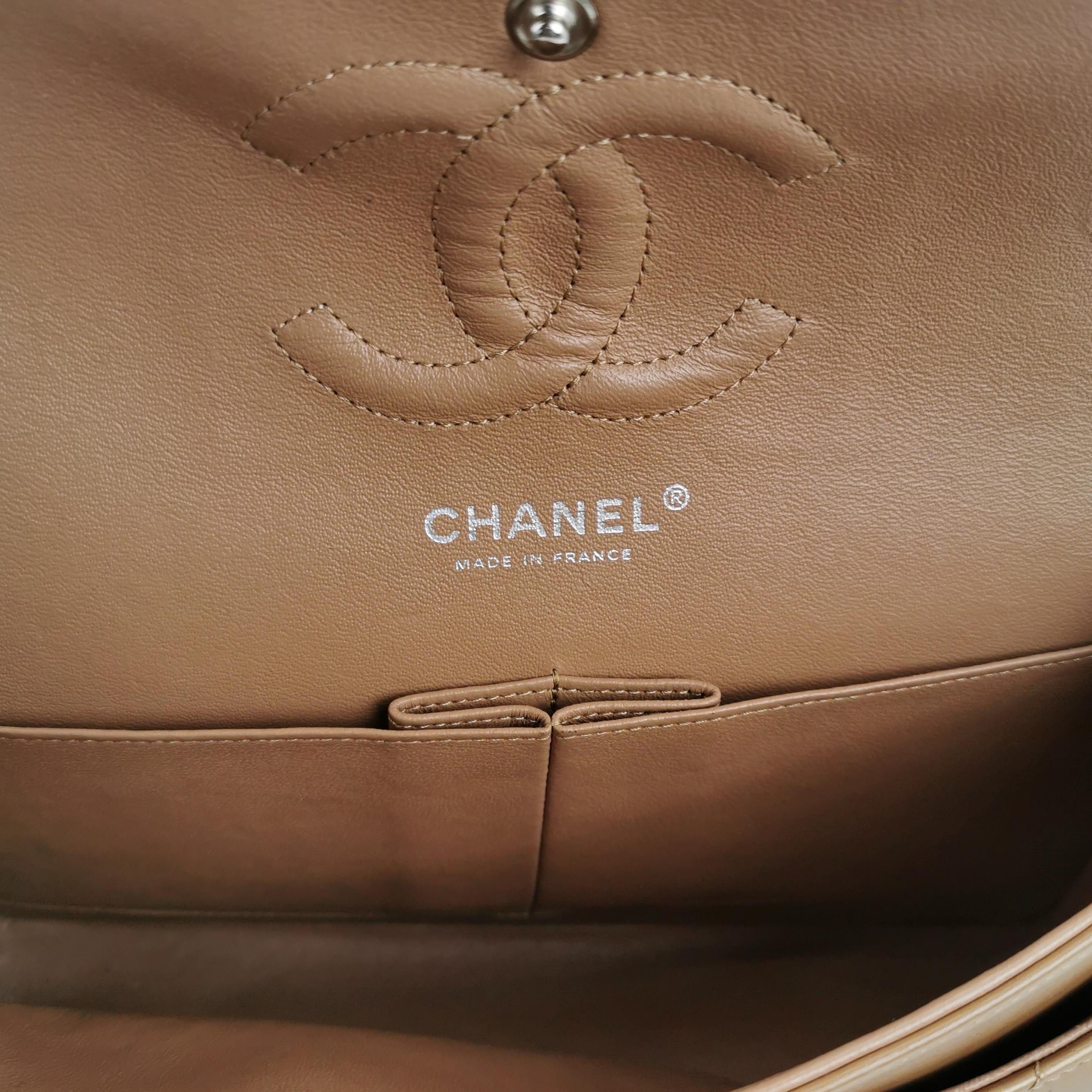 Chanel Timeless Classic Flap Medium Beige Gold Patent Leather Silver Hardware For Sale 1