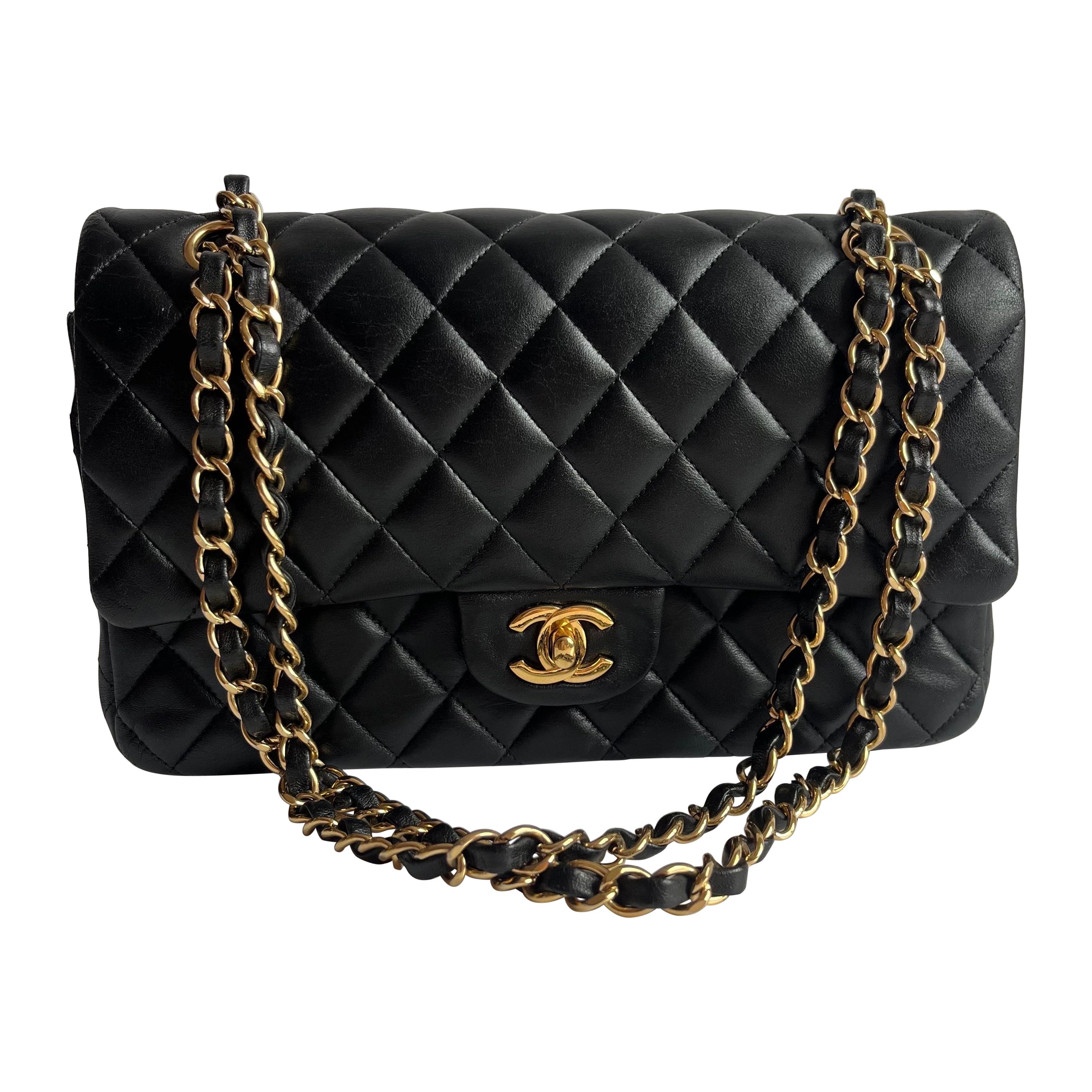 Chanel Timeless Classic Flap Medium Black Lambskin Leather Gold Hardware 2014 For Sale