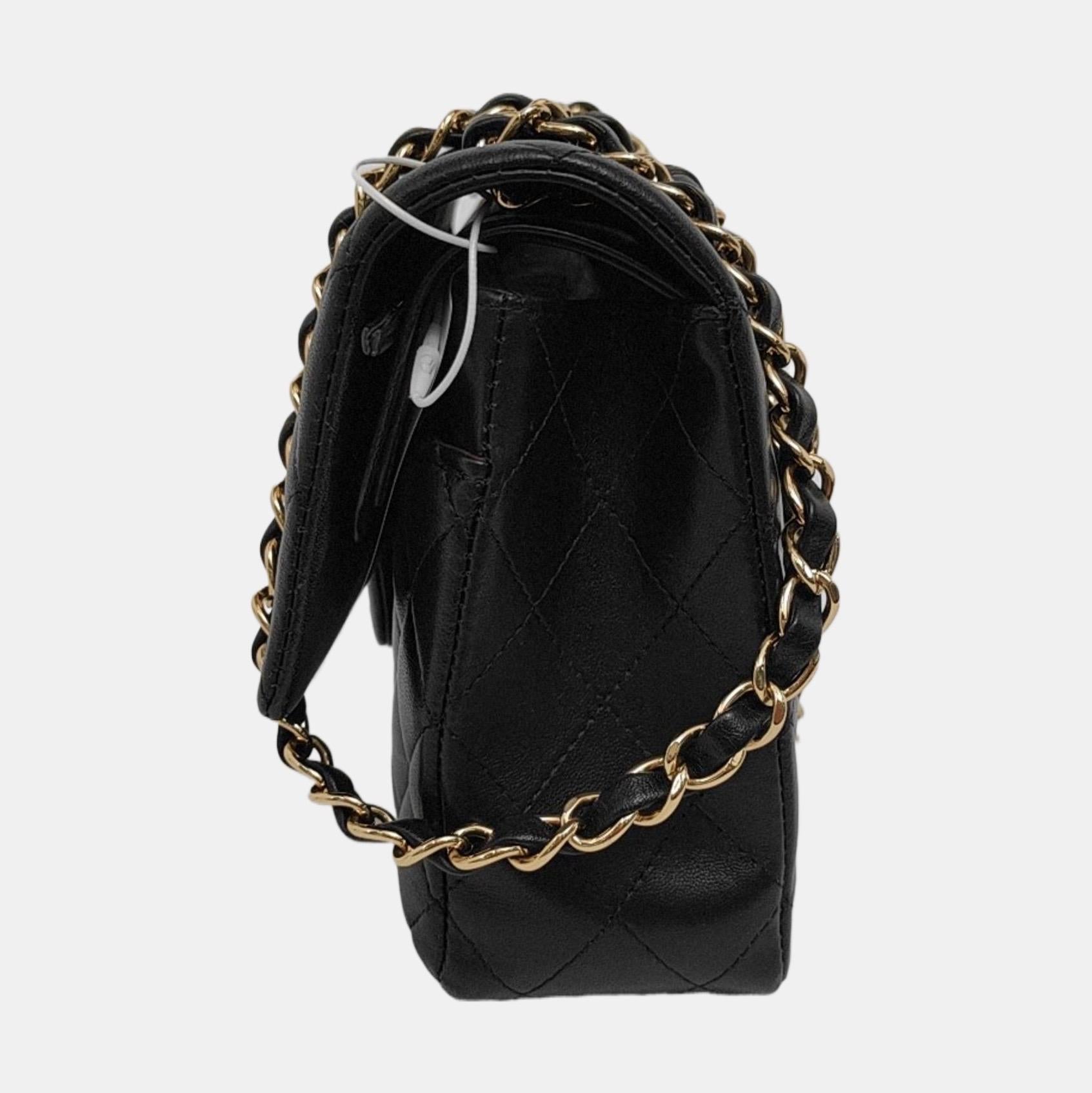 Women's Chanel Timeless Classic Flap Medium Black Lambskin Leather Gold Hardware 2019 For Sale
