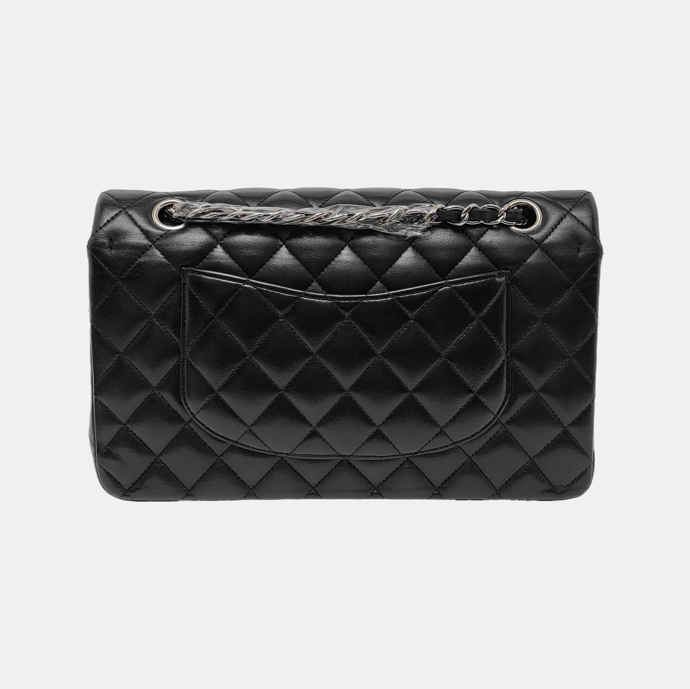 Women's Chanel Timeless Classic Flap Medium Black Lambskin Leather Silver Hardware, 2013
