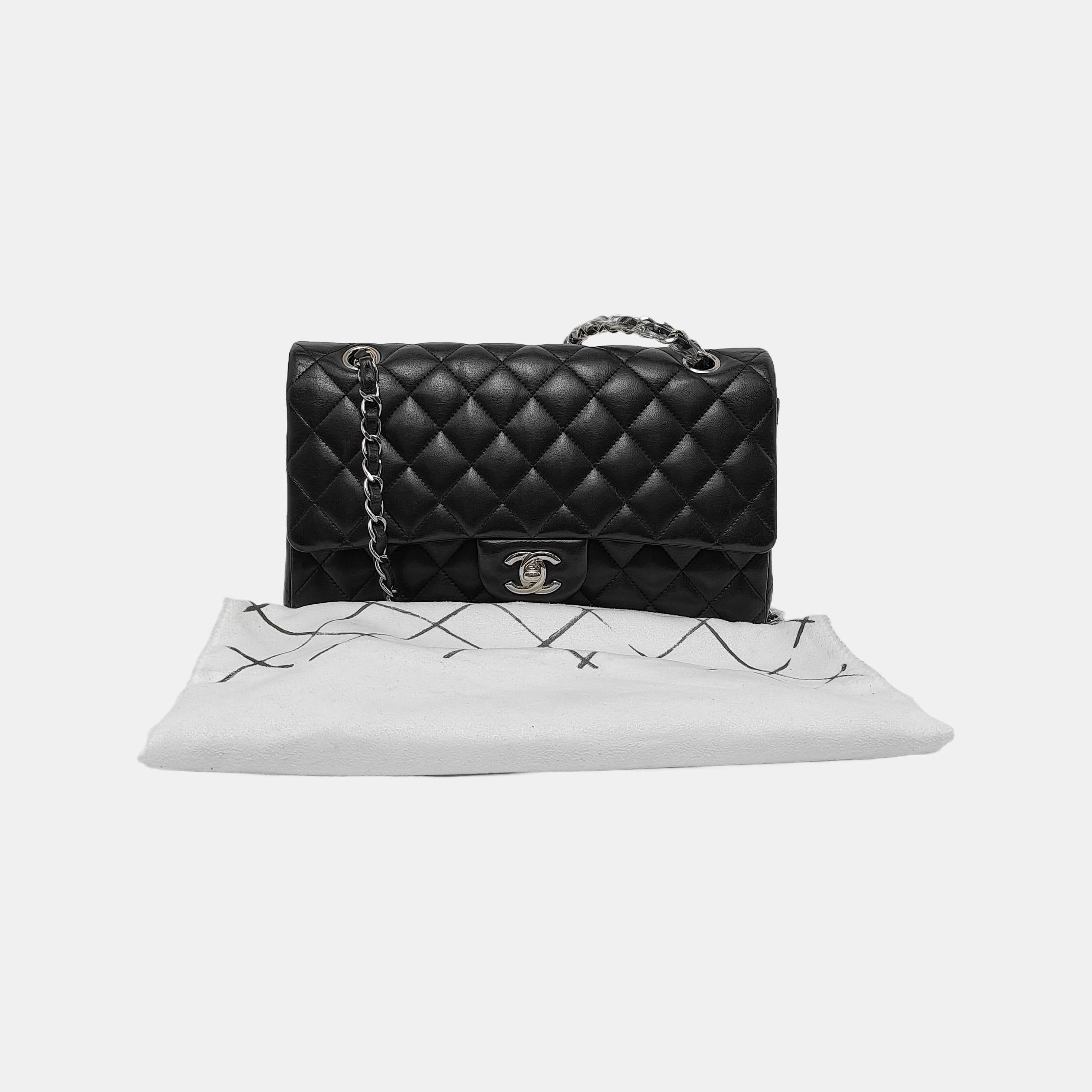 Chanel Timeless Classic Flap Medium Black Lambskin Leather Silver Hardware, 2013 3