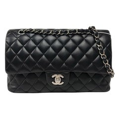 Chanel Timeless Classic Flap Medium Black Lambskin Leather Silver Hardware 2017