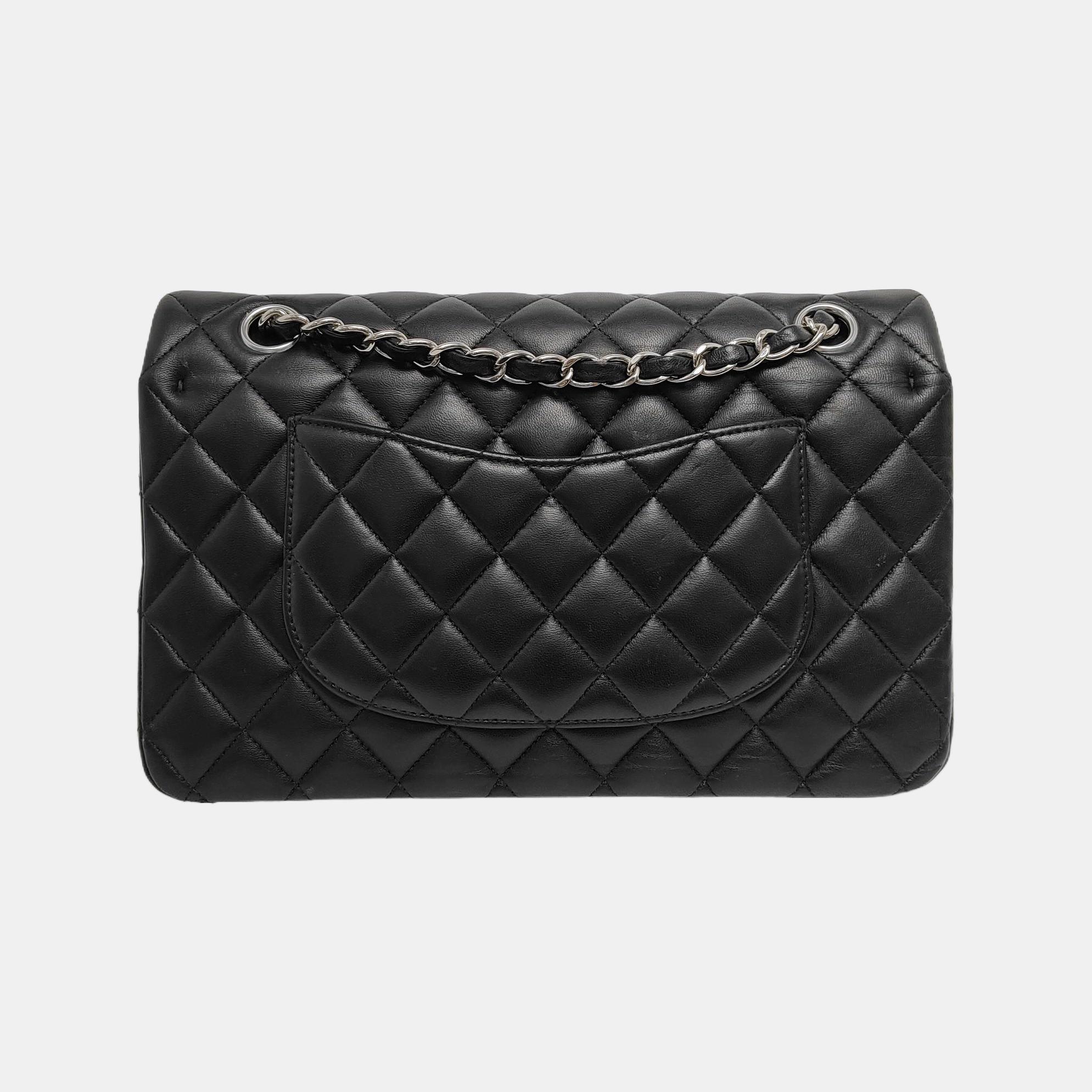 Women's Chanel Timeless Classic Flap Medium Black Lambskin Leather Silver Hardware