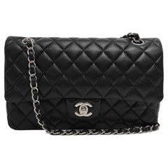 Chanel Timeless Classic Flap Medium Black Lambskin Leather Silver Hardware