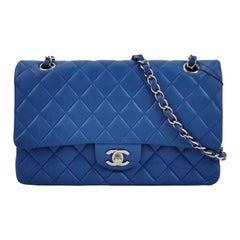 Chanel Timeless Classic Flap Medium Blue Lambskin Leather Silver Hardware