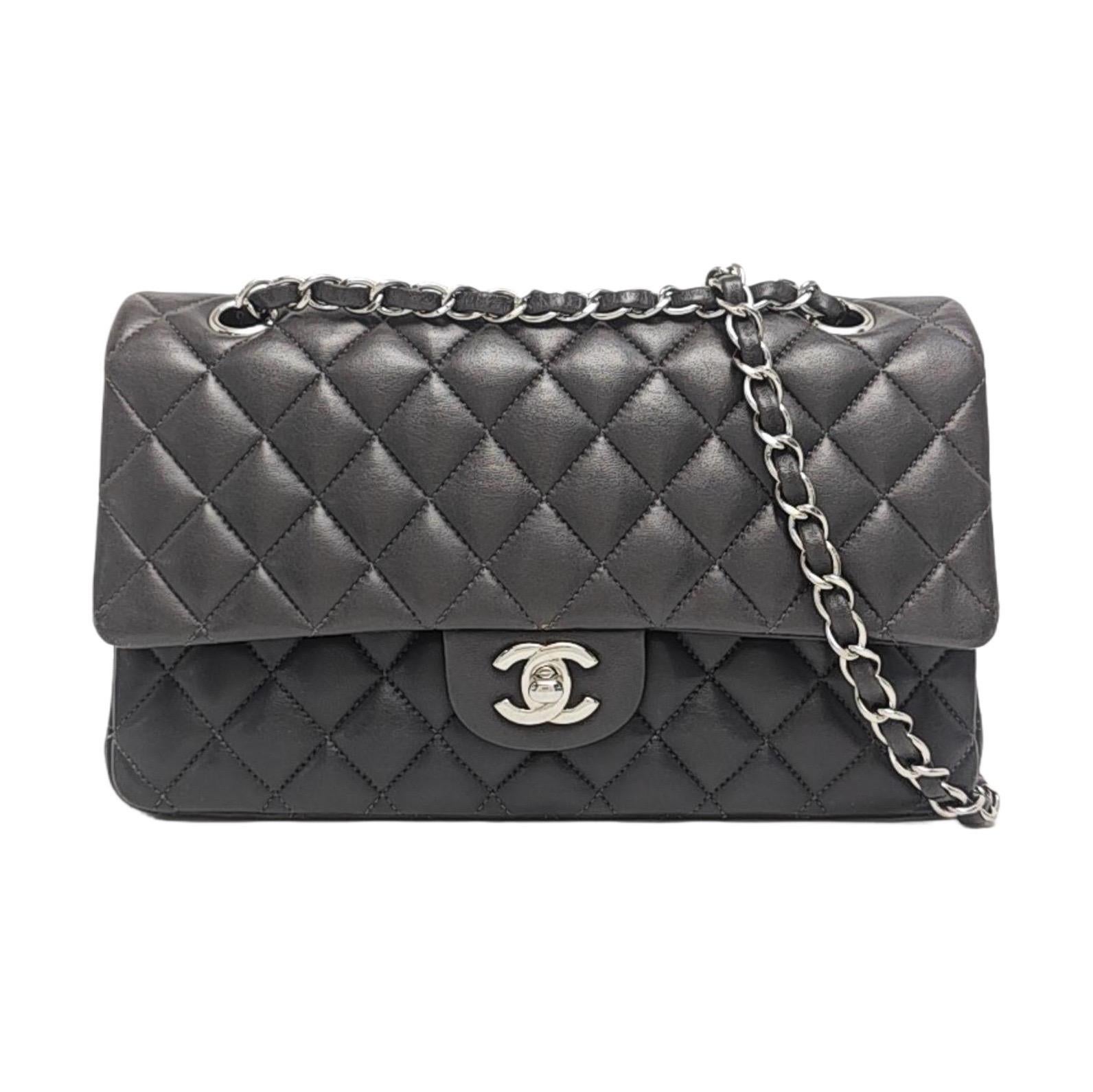 Chanel Timeless Classic Flap Medium Grey Lambskin Leather Silver Hardware For Sale