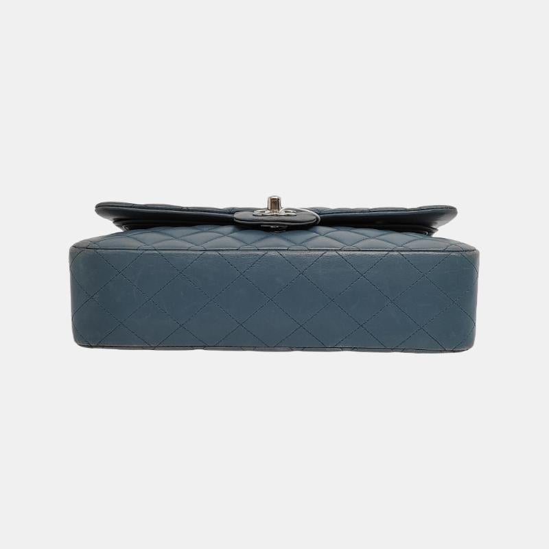Gray Chanel Timeless Classic Flap Medium Misty Blue Lambskin Leather Silver Hardware