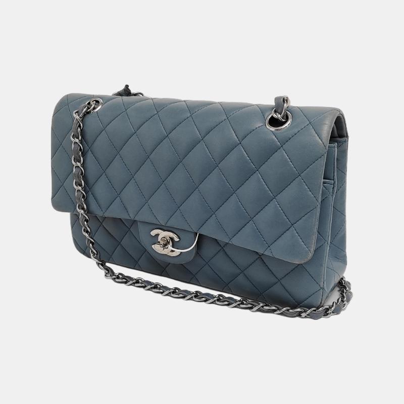 Women's Chanel Timeless Classic Flap Medium Misty Blue Lambskin Leather Silver Hardware