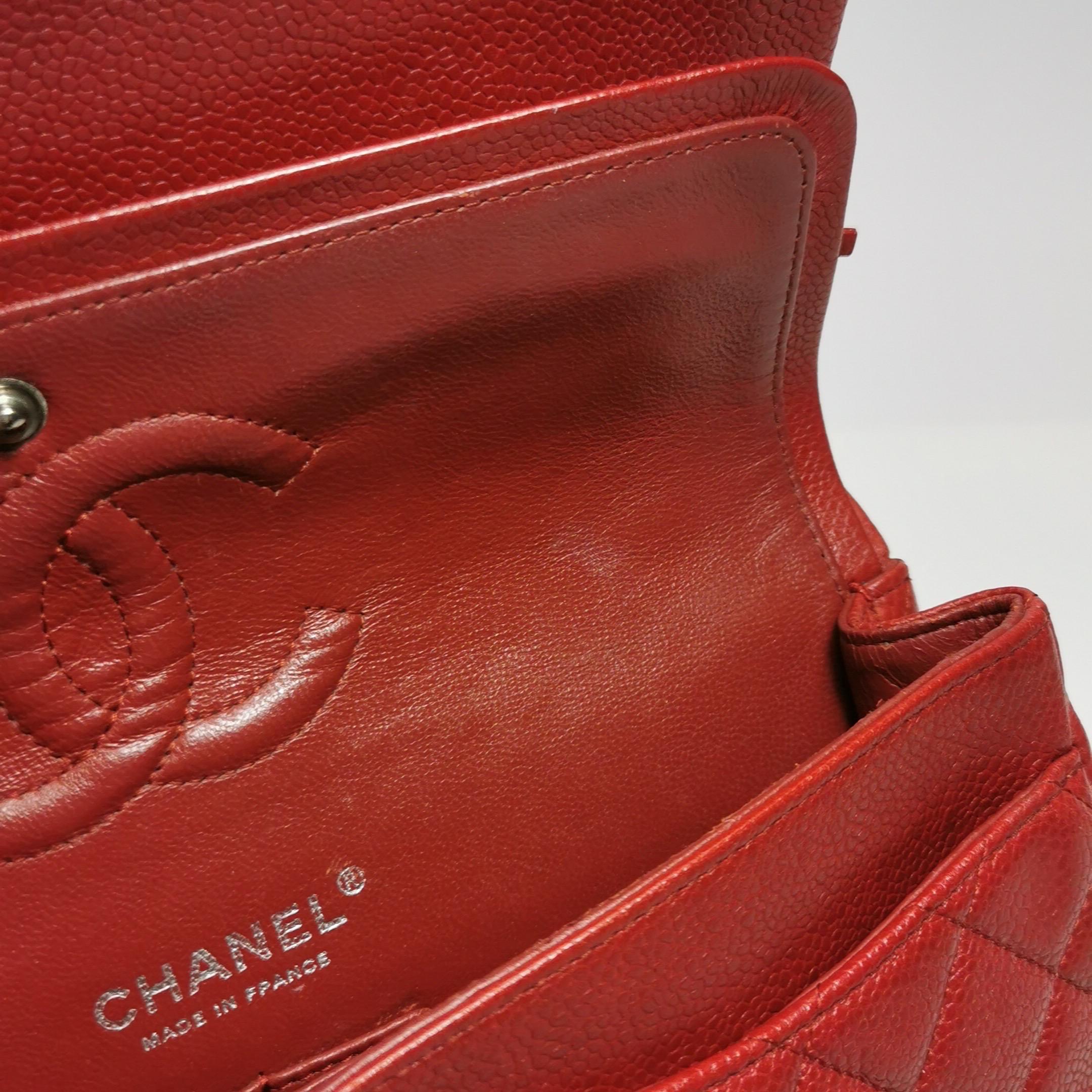 Chanel Timeless Classic Flap Medium Red Caviar Leather Silver Hardware For Sale 6