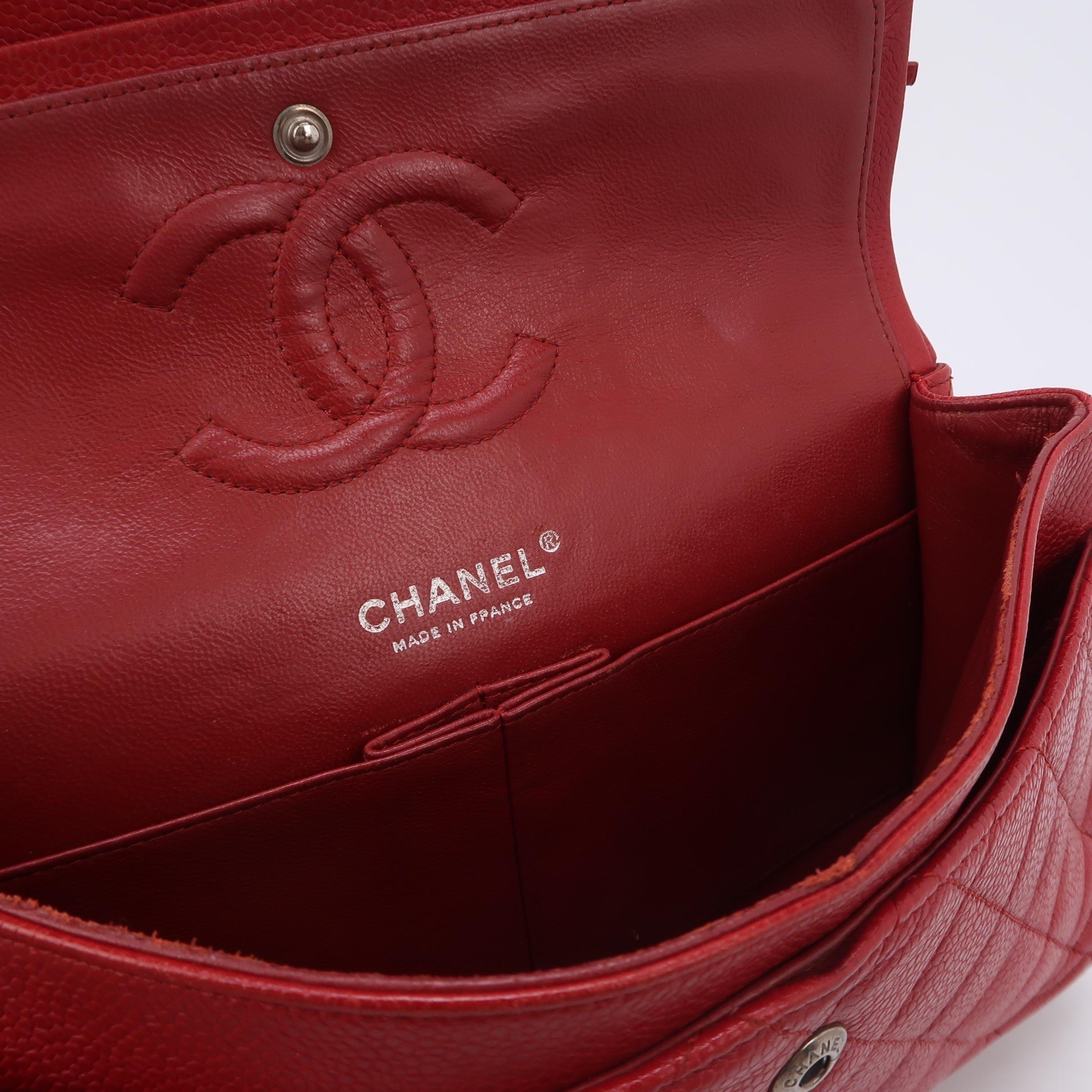 Chanel Timeless Classic Flap Medium Red Caviar Leather Silver Hardware For Sale 5