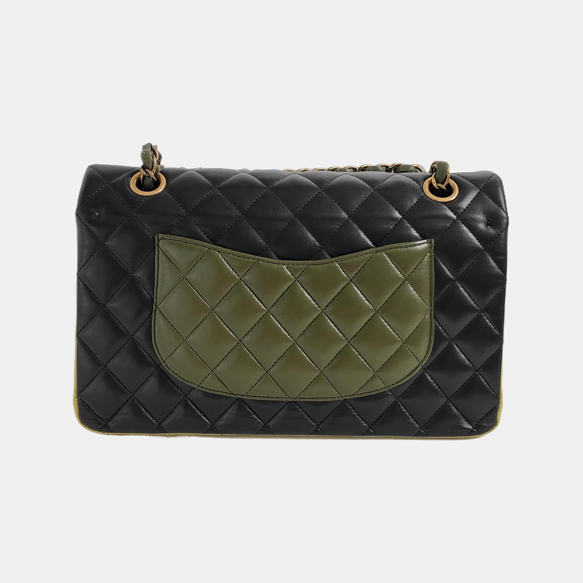 Women's Chanel Timeless Classic Flap Medium Tricolor Black Green Lambskin Leather For Sale