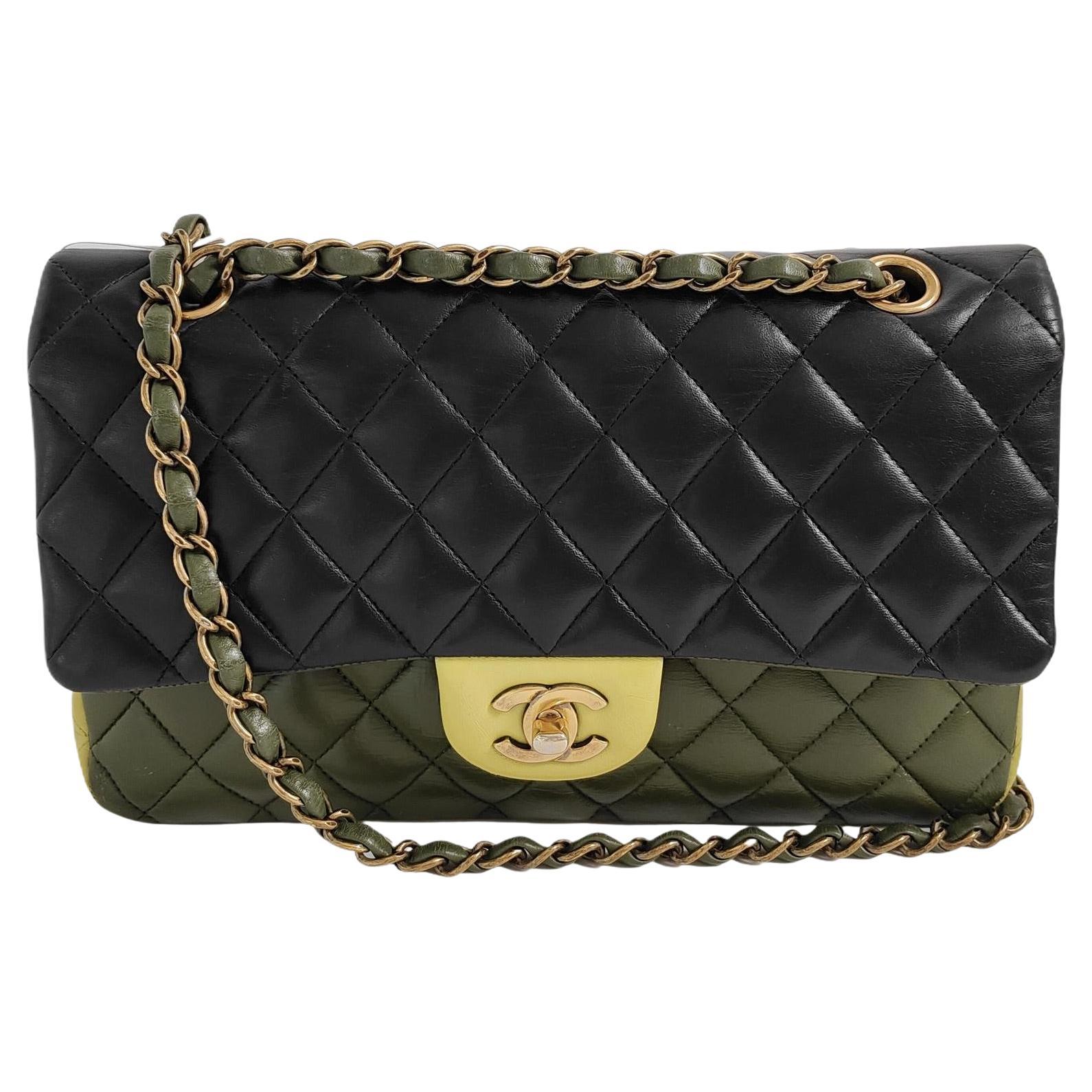 Chanel Timeless Classic Flap Medium Tricolor Black Green Lambskin Leather For Sale