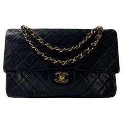 Chanel Timeless Classic Borsa media a doppia patta in pelle d'agnello nera 1989-1991